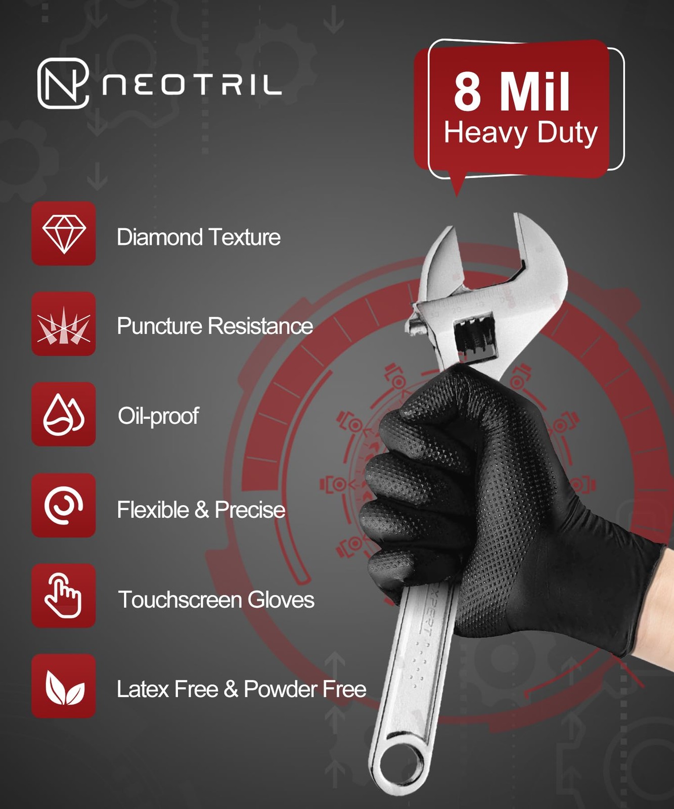 8 Mil Heavy Duty Disposable Nitrile Gloves with Raised Diamond Texture Grip R…