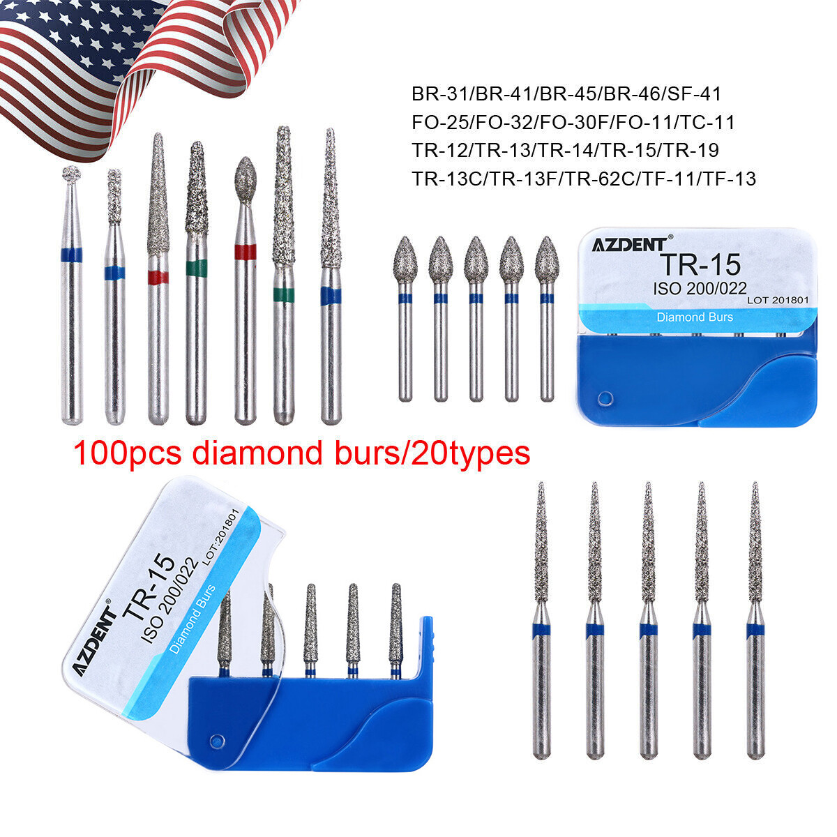 20 Types AZDENT Dental Diamond Burs Kit for High Speed Handpiece Medium FG 1.6MM