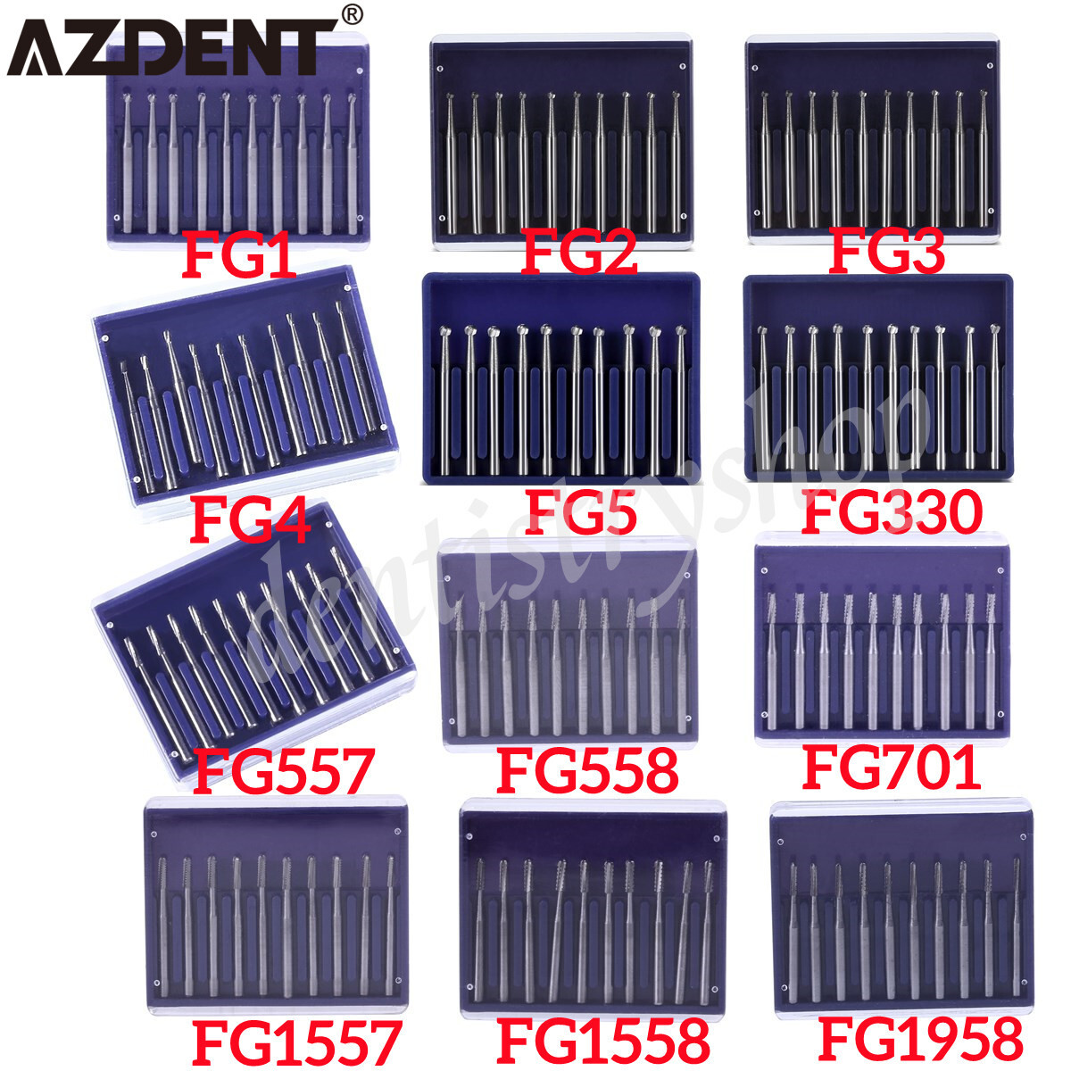 AZDENT Dental FG Tungsten Carbide Burs Dills Round Type For High Speed Handpiece