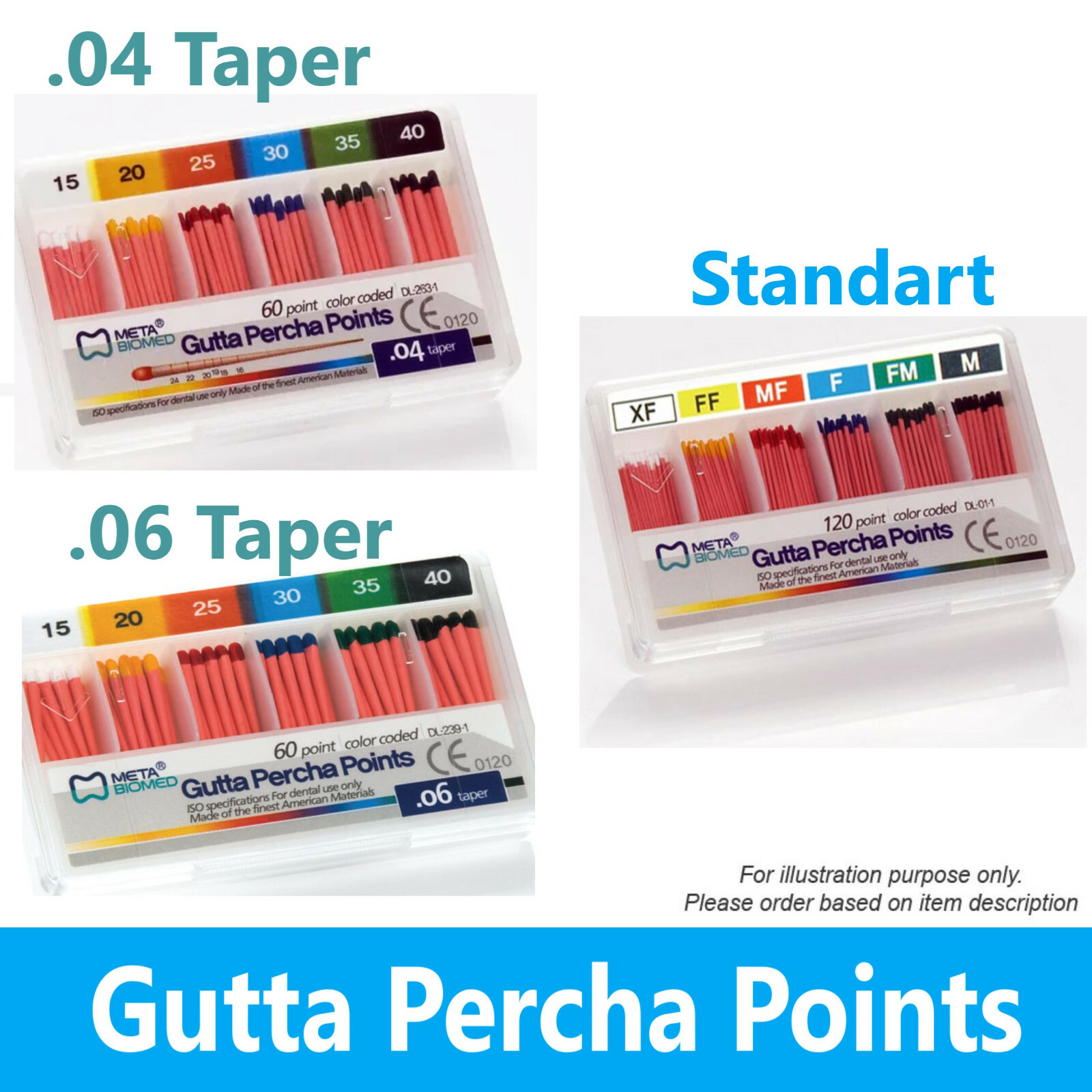 Gutta Percha Points Taper 0.4 / 0.6 /Standart, All Sizes Dental Endo Meta Biomed