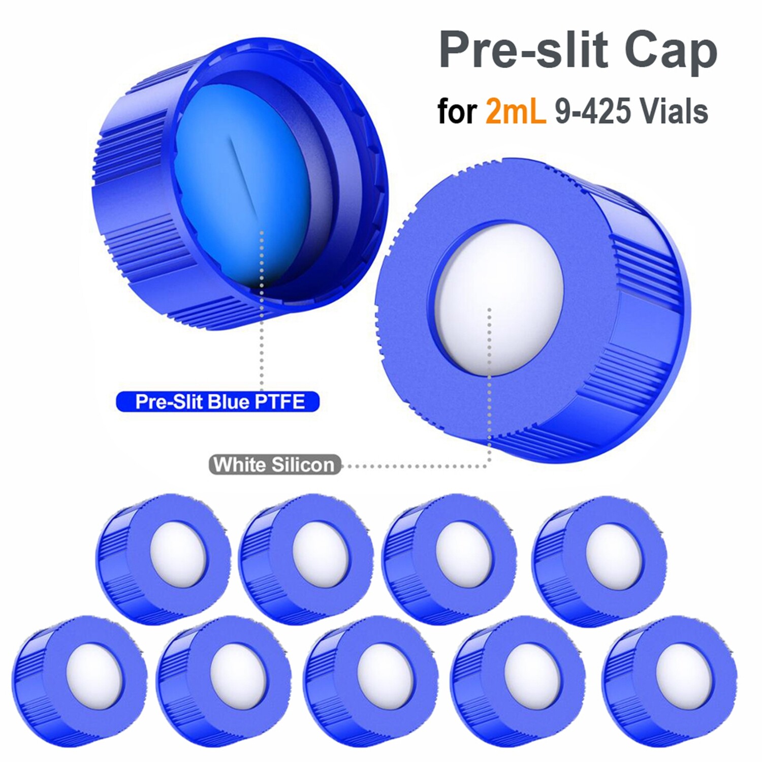 1000pcs 9mm Thread Capa Blue PTFE&White Silicone Pre-Slit for 9-425 2ml GC Vials