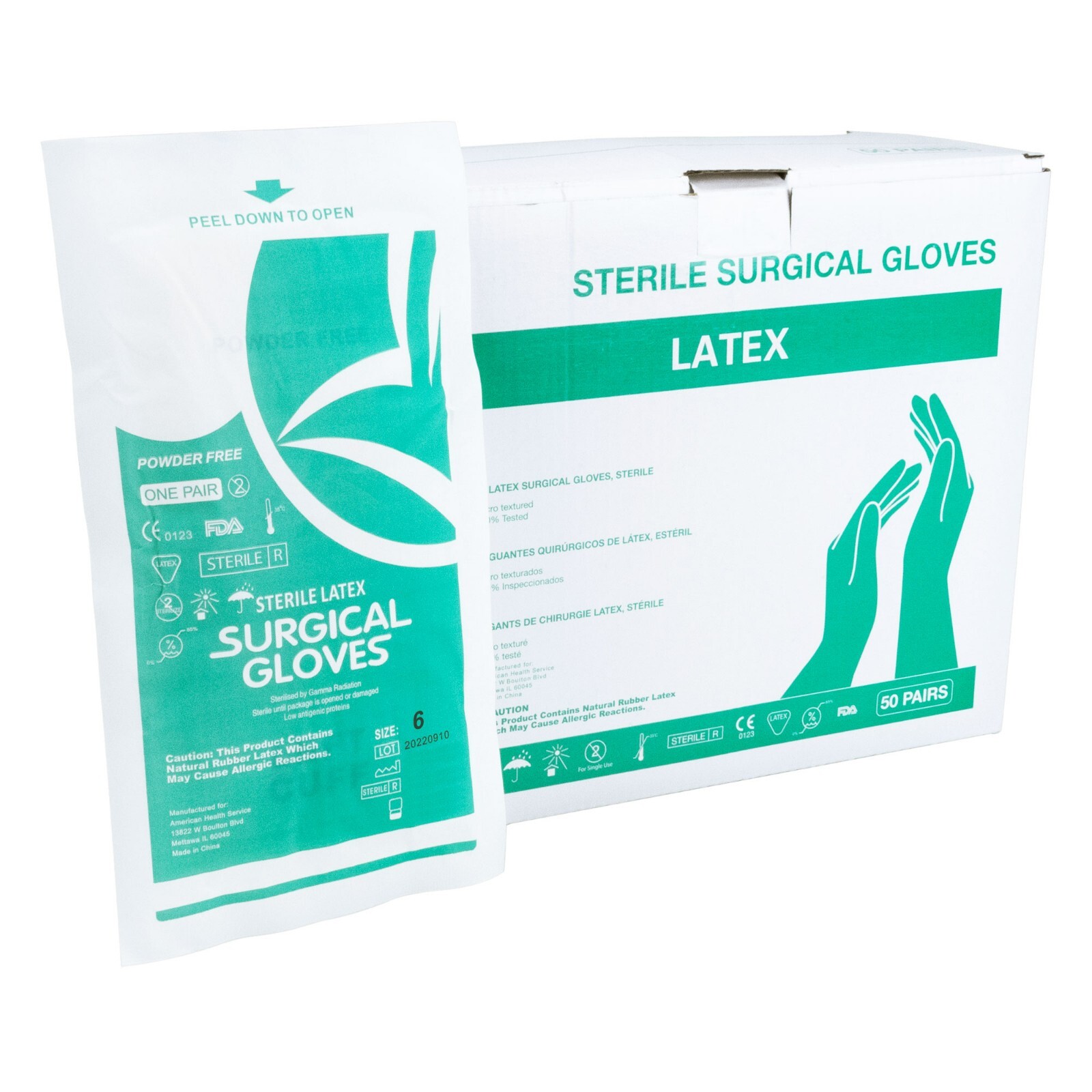 Sterile Latex Surgical Gloves, Size 6, Powder-Free, 50 Pairs/Box
