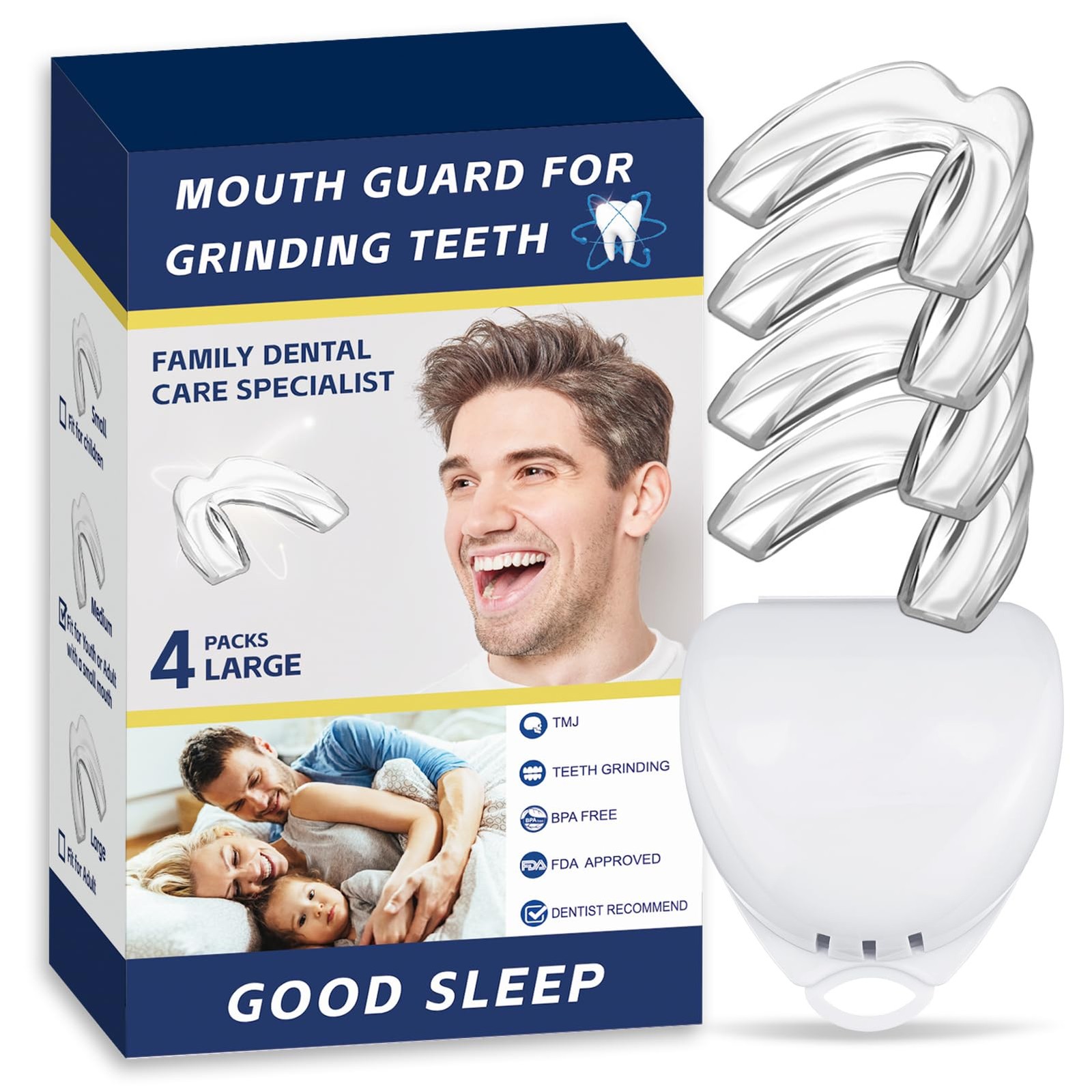 4 Pack Mouth Guards for Adults Men & Women,Large Szie, 1 Storage Case Clear