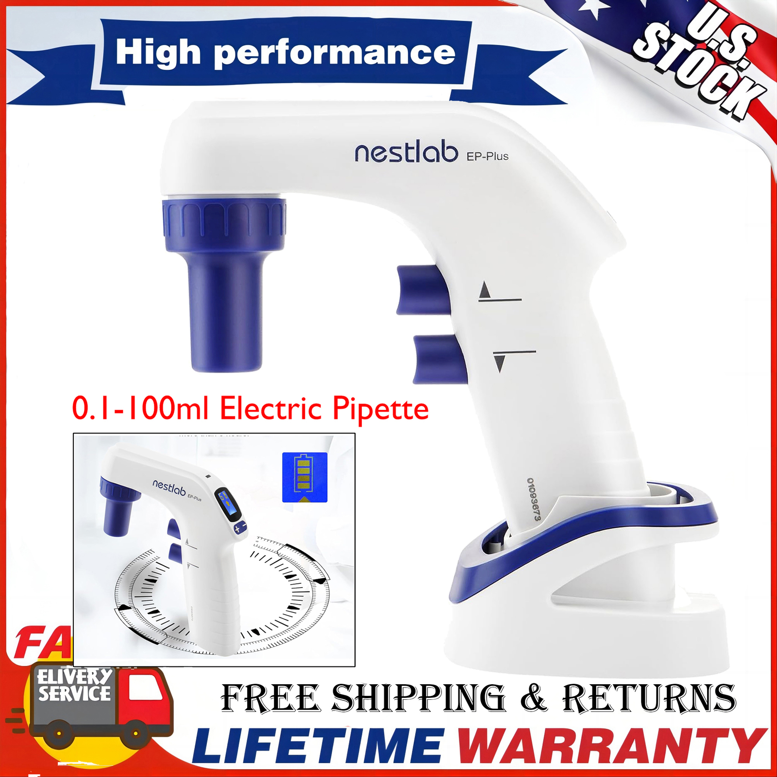 0.1-100ml Lab Electric Pipette Controller Digital LCD Adjustable Pump 100‑240V