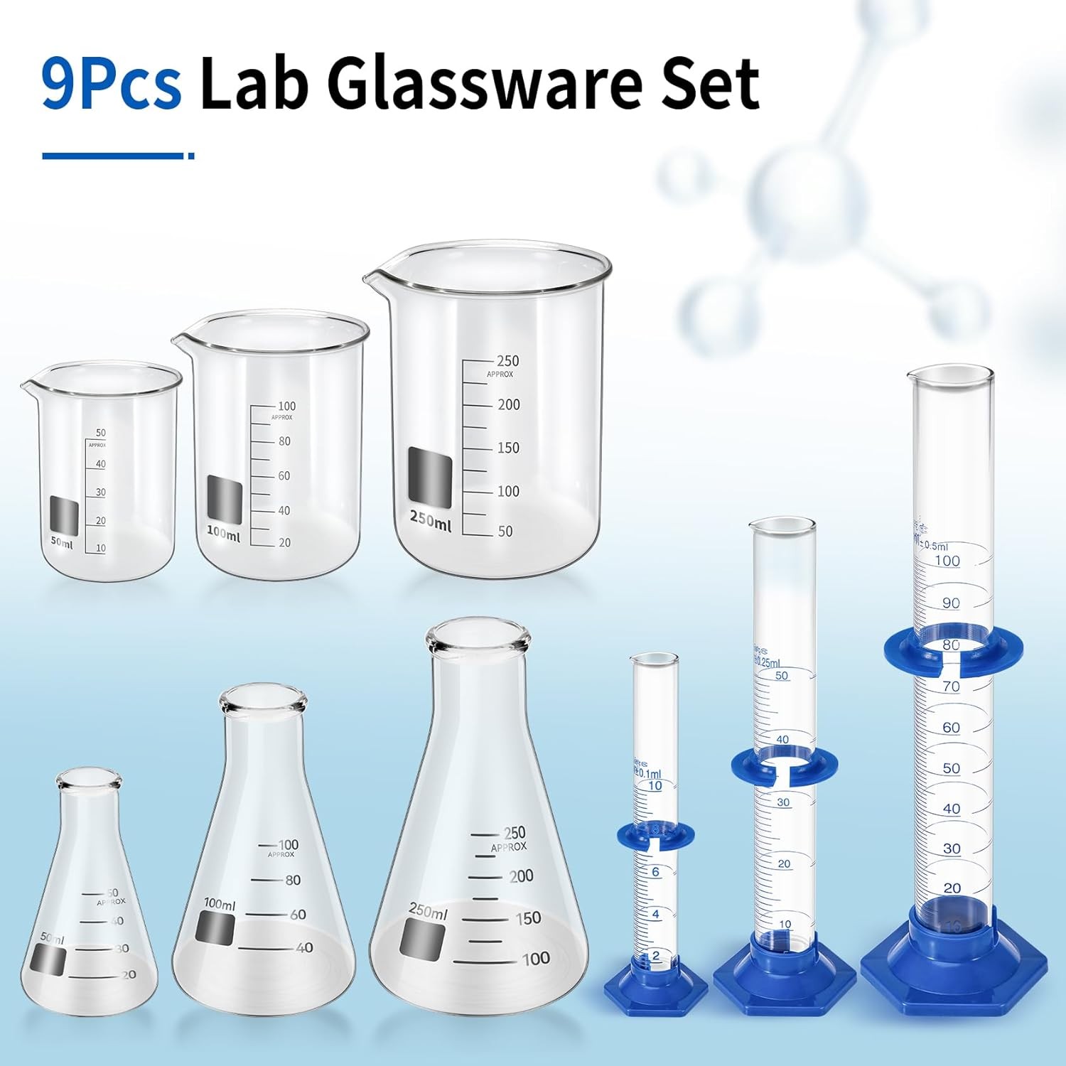 Lab Glassware Set, 9 Pieces – 3 Measuring Beakers, 3 Flasks, 3 Graduated Cylinde