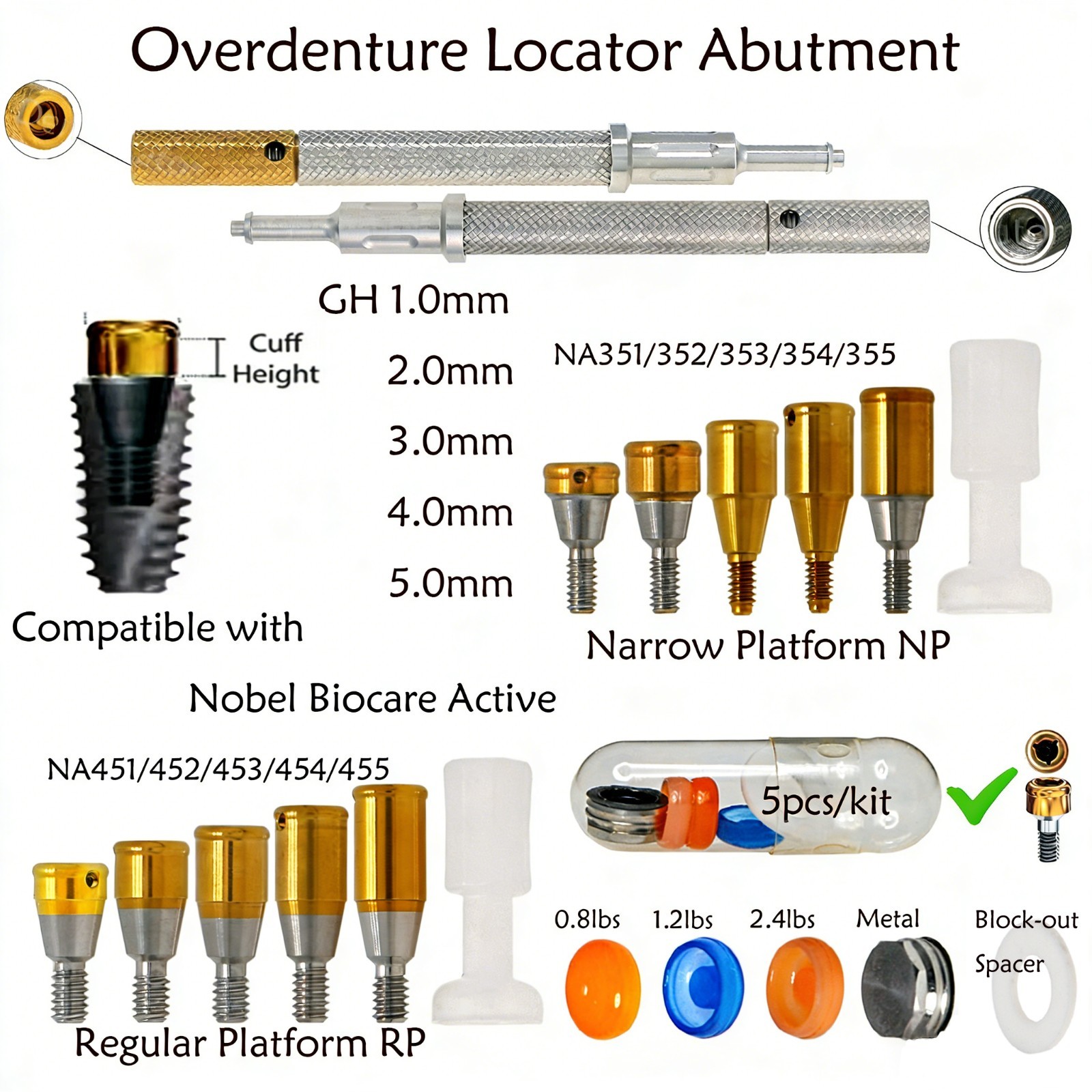 US Attachment Locator Abutment For Nobel Active NP/RP 1-5mm & Male Cap Inserts