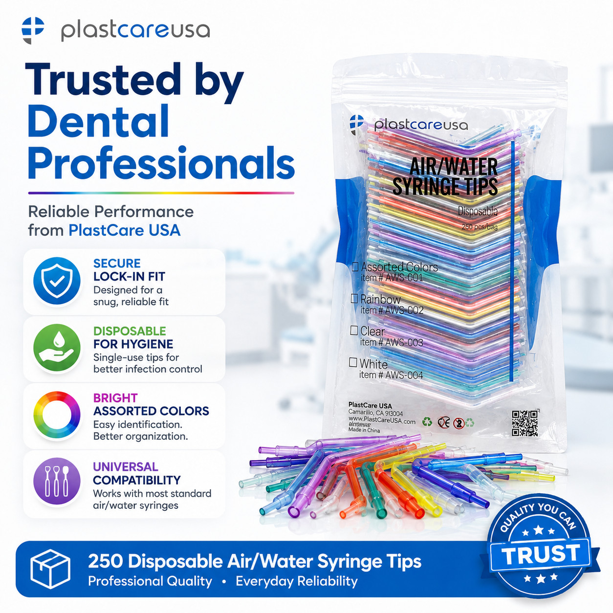 2000 Dental Disposable Air Water Syringe Tips, Rainbow Variety, (8 Bags of 250)