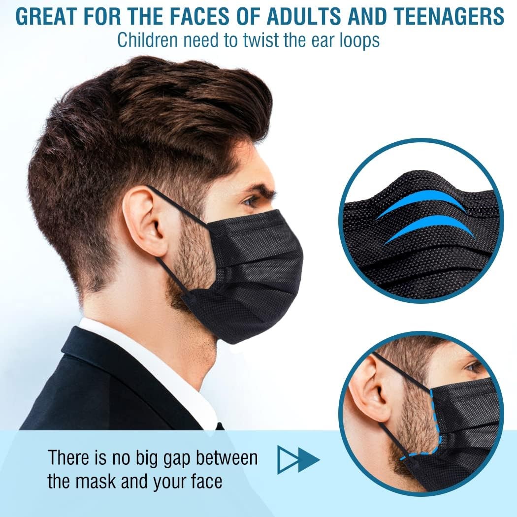100 PCS Black Protective 3 Layer Face Mask Respirator Disposable Masks BFE98%