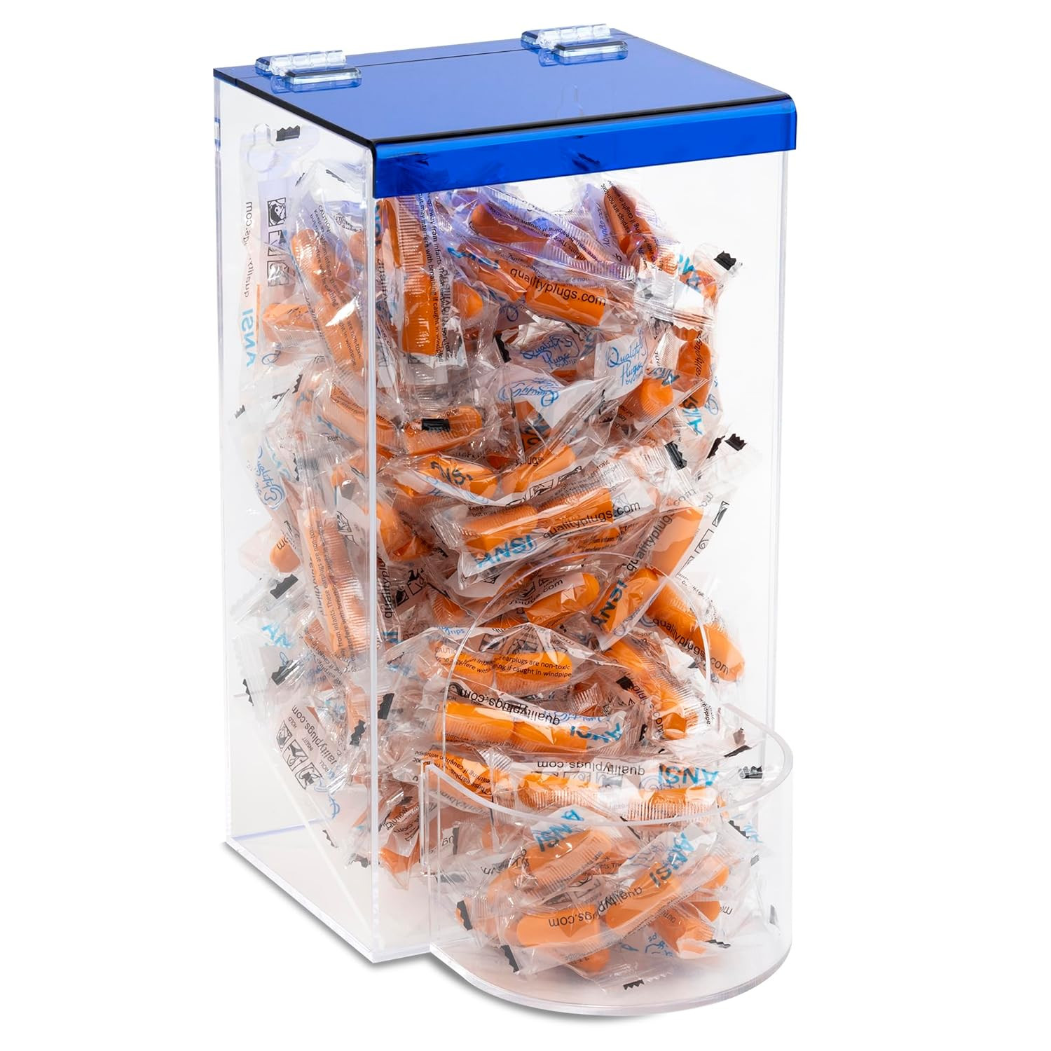 Earplug Holder, Universal Clear Acrylic Storage with Blue Lid for Small Bulk Acc