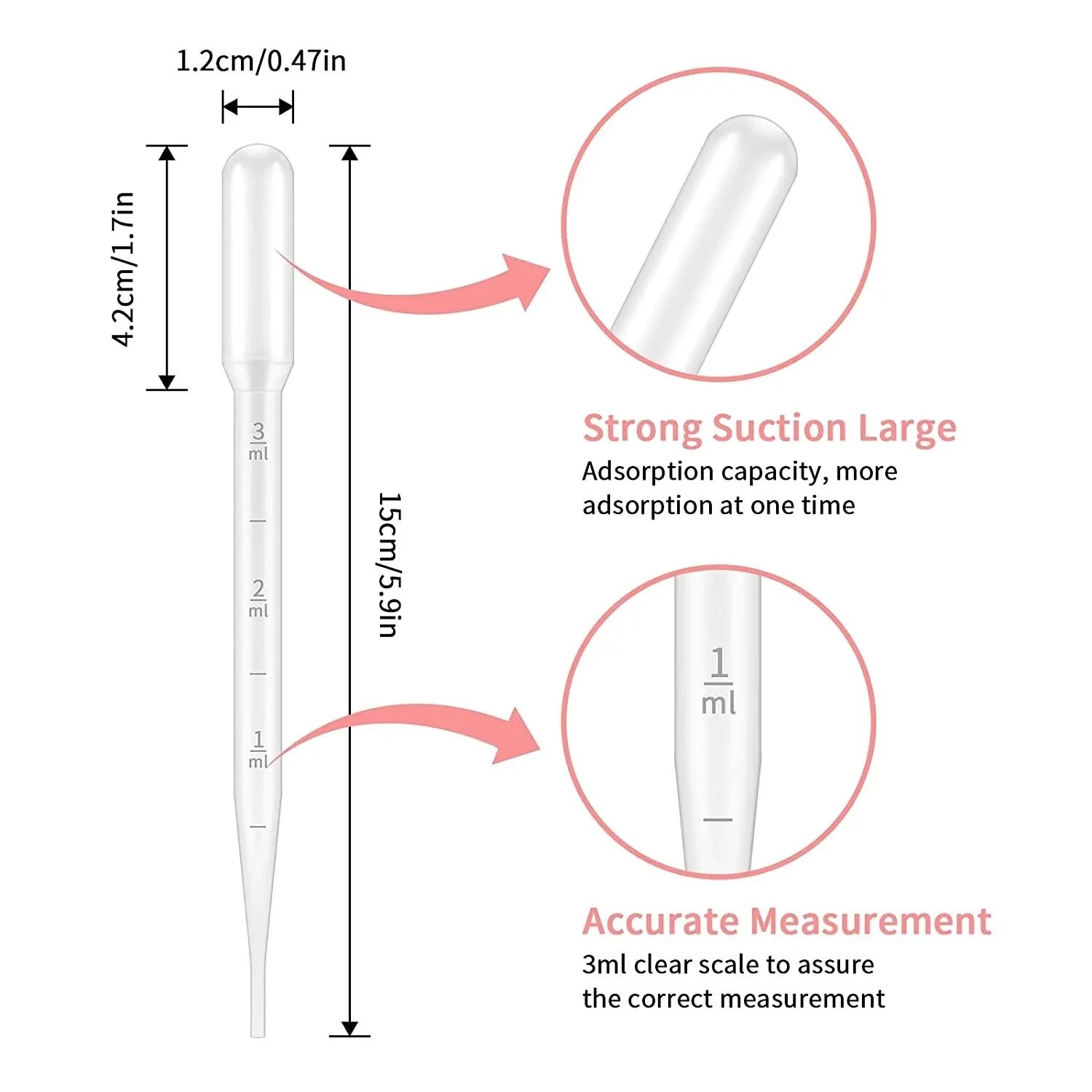100pcs Disposable Plastic Pipettes: 1/2/3/5ml Graduated Transfer Droppers – NEW