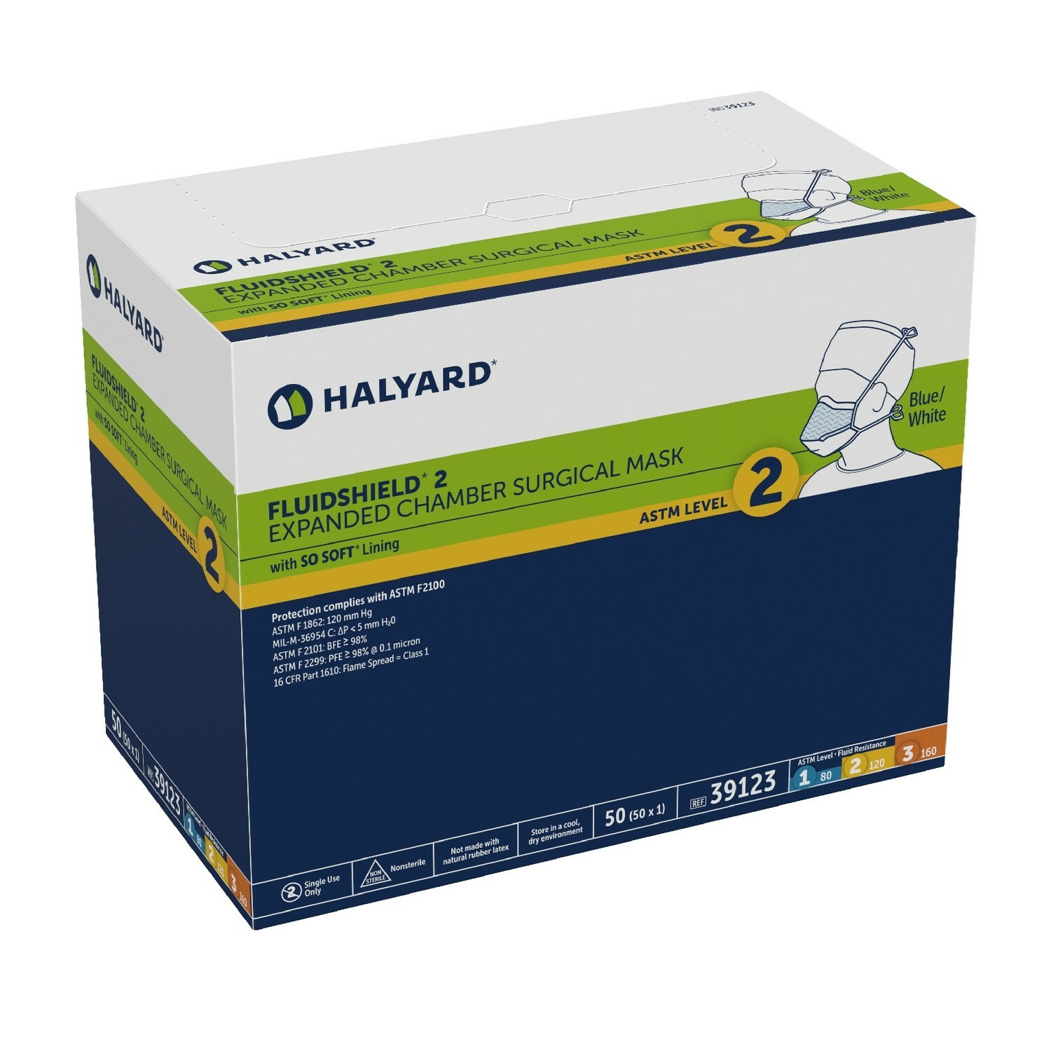 *50-Pieces* Halyard FluidShield ASTM 2 Expanded Chamber Surgical Mask 39123