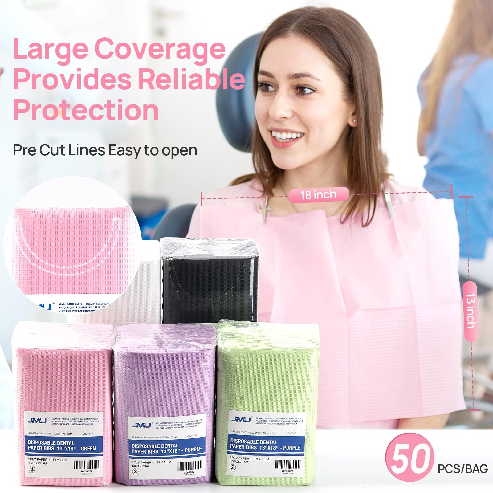 JMU Pink Dental Bibs, 50 Pack 3-Ply Waterproof Disposable 13″x18″,