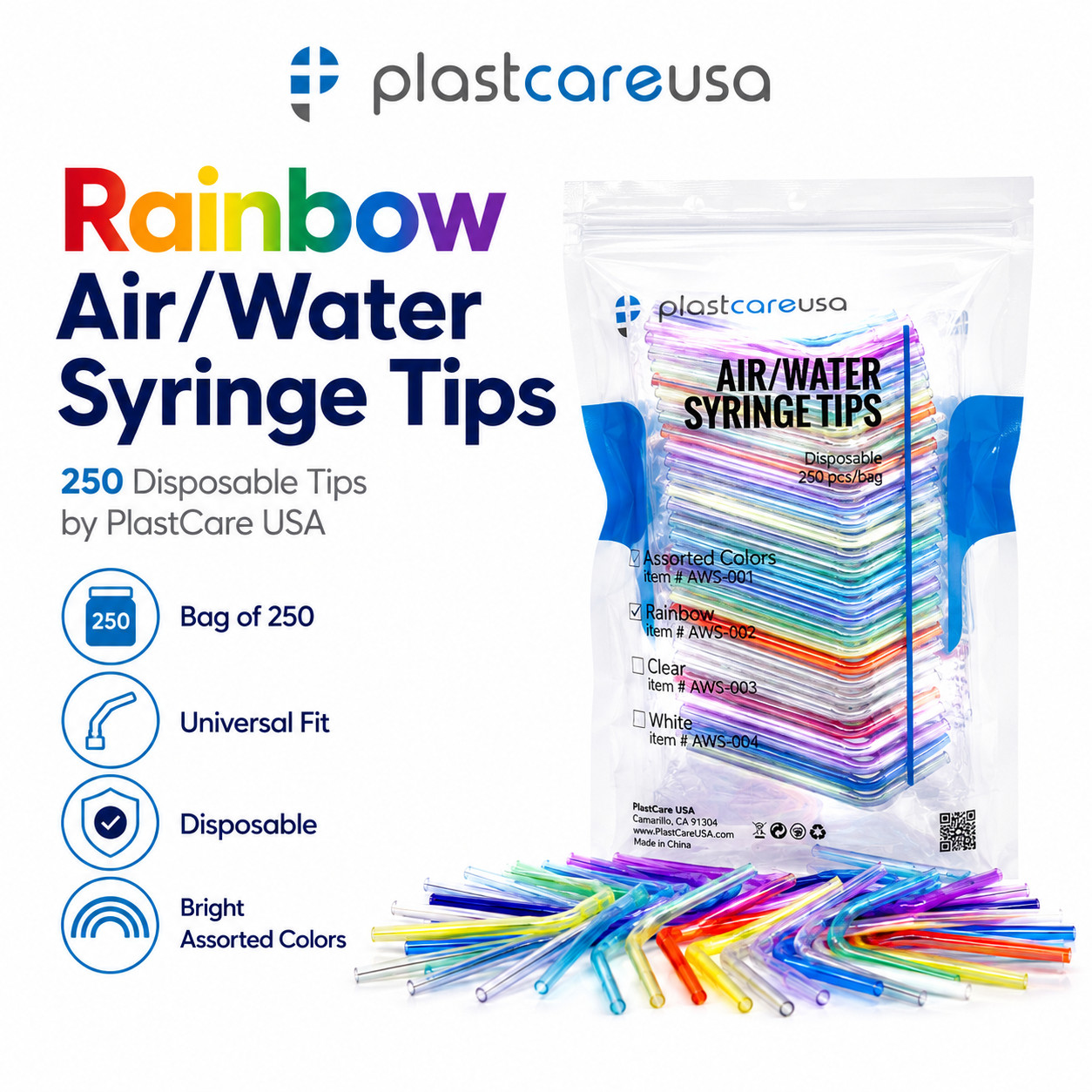 2000 Dental Disposable Air Water Syringe Tips, Rainbow Variety, (8 Bags of 250)