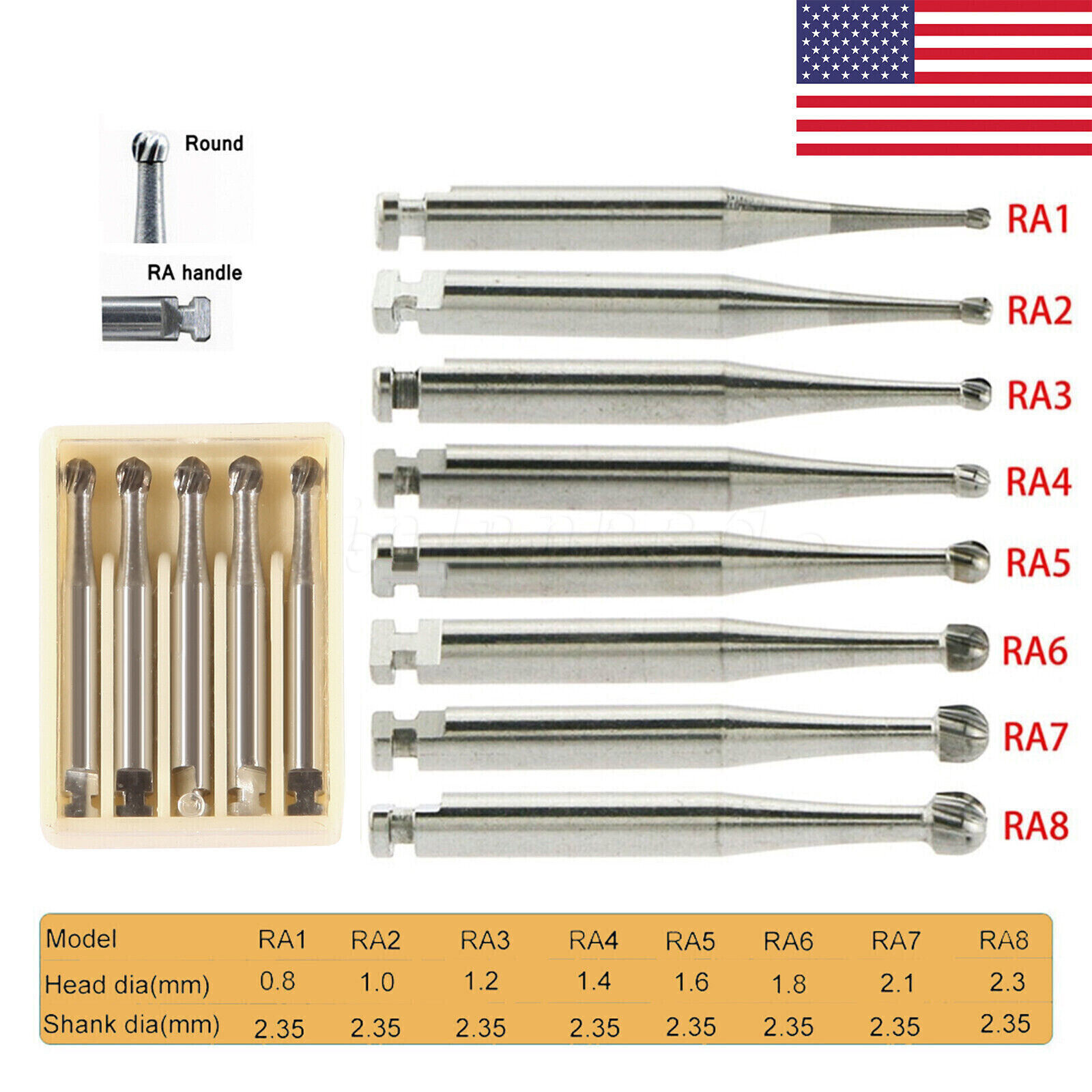 Dental Slow Speed Latch Bur Tungsten Carbide Round Fissure Invert Cone RA 1-8