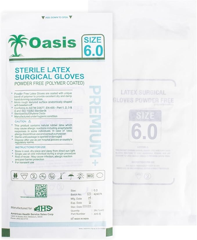 Sterile Latex Surgical Gloves, Size 6, Powder-Free, 50 Pairs/Box