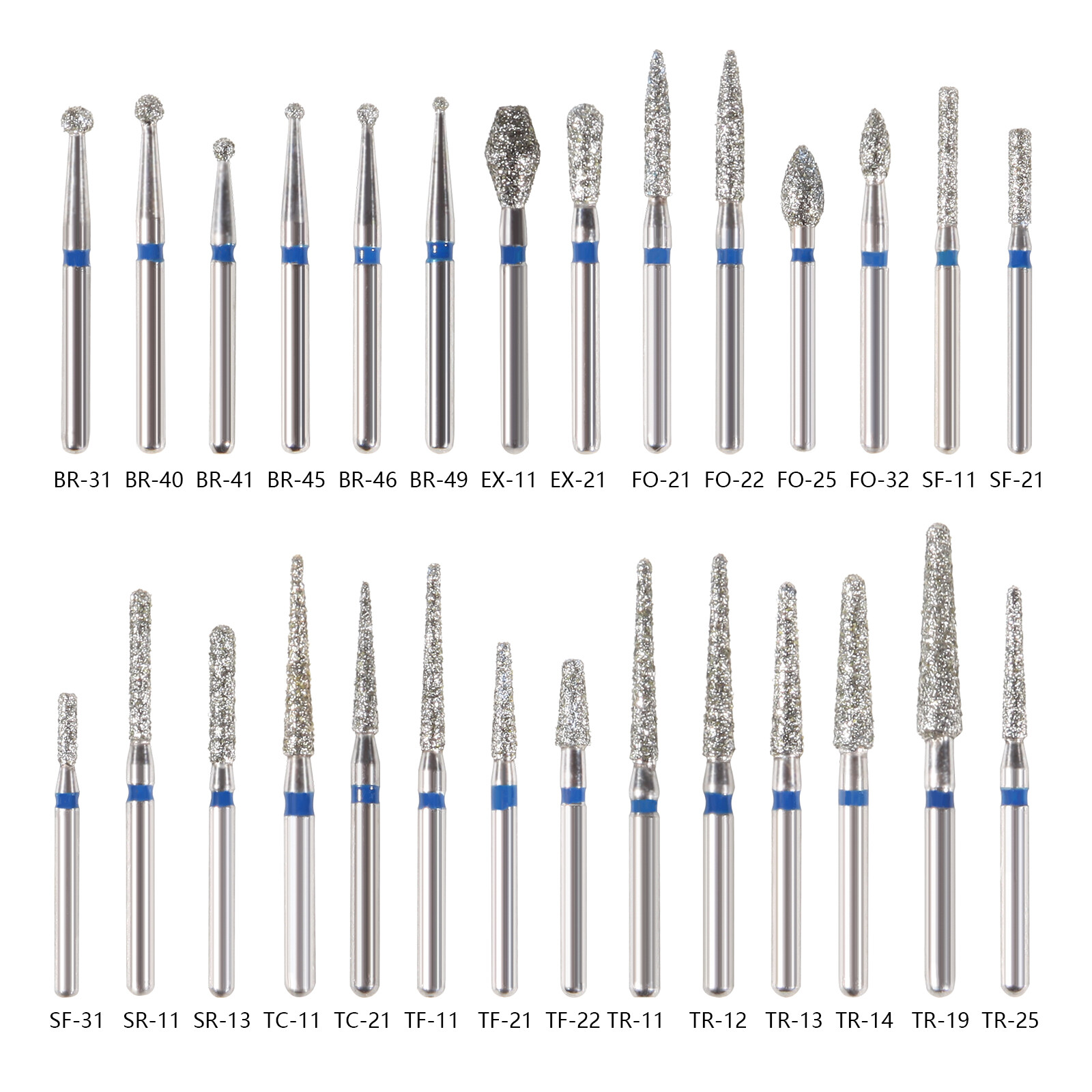 50pcs Dental Diamond Burs FG Round End Taper Pear Football Fine Coarse Grit