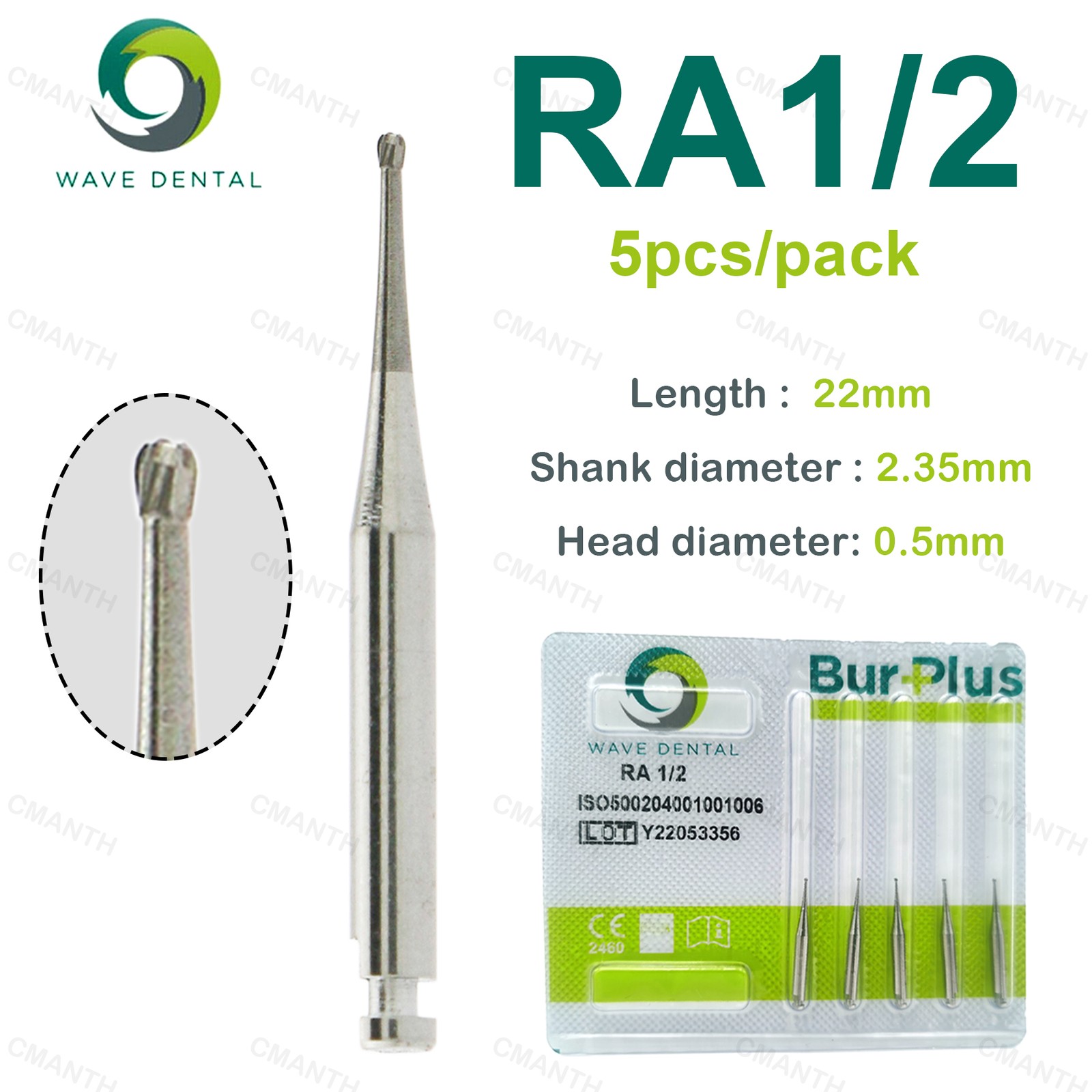 WAVE Dental Tungsten Carbide Burs Round Head RA Low Speed Burs Dia 2.35mm 5Pcs