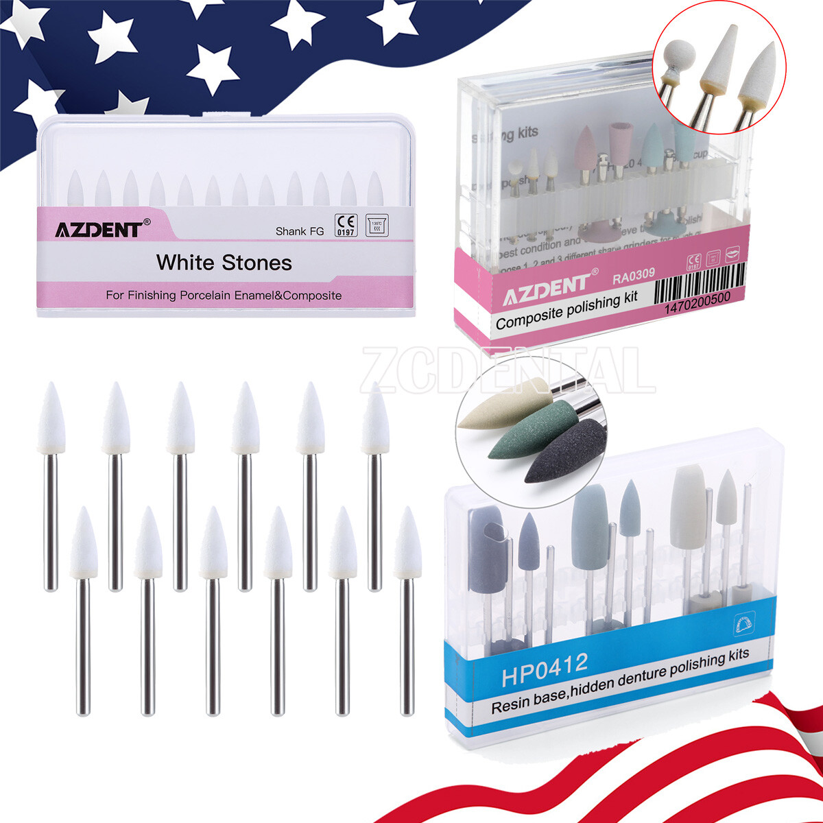 AZDENT Fresas dentales Pulidores Kit de pulido White Stone Flame Aluminio FG/RA