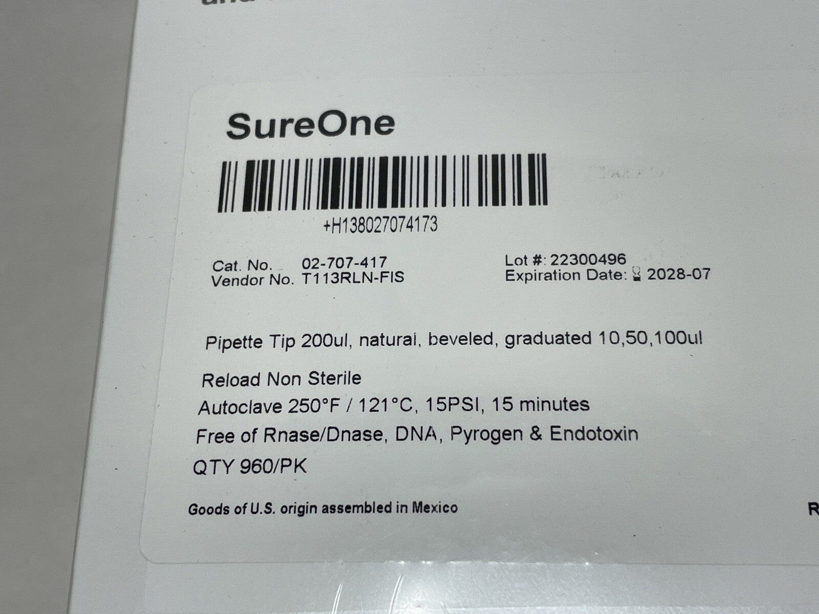 FISHERBRAND SureOne Beveled Pipette Tips, 1-200μL 02-707-417 (Pack of 960)