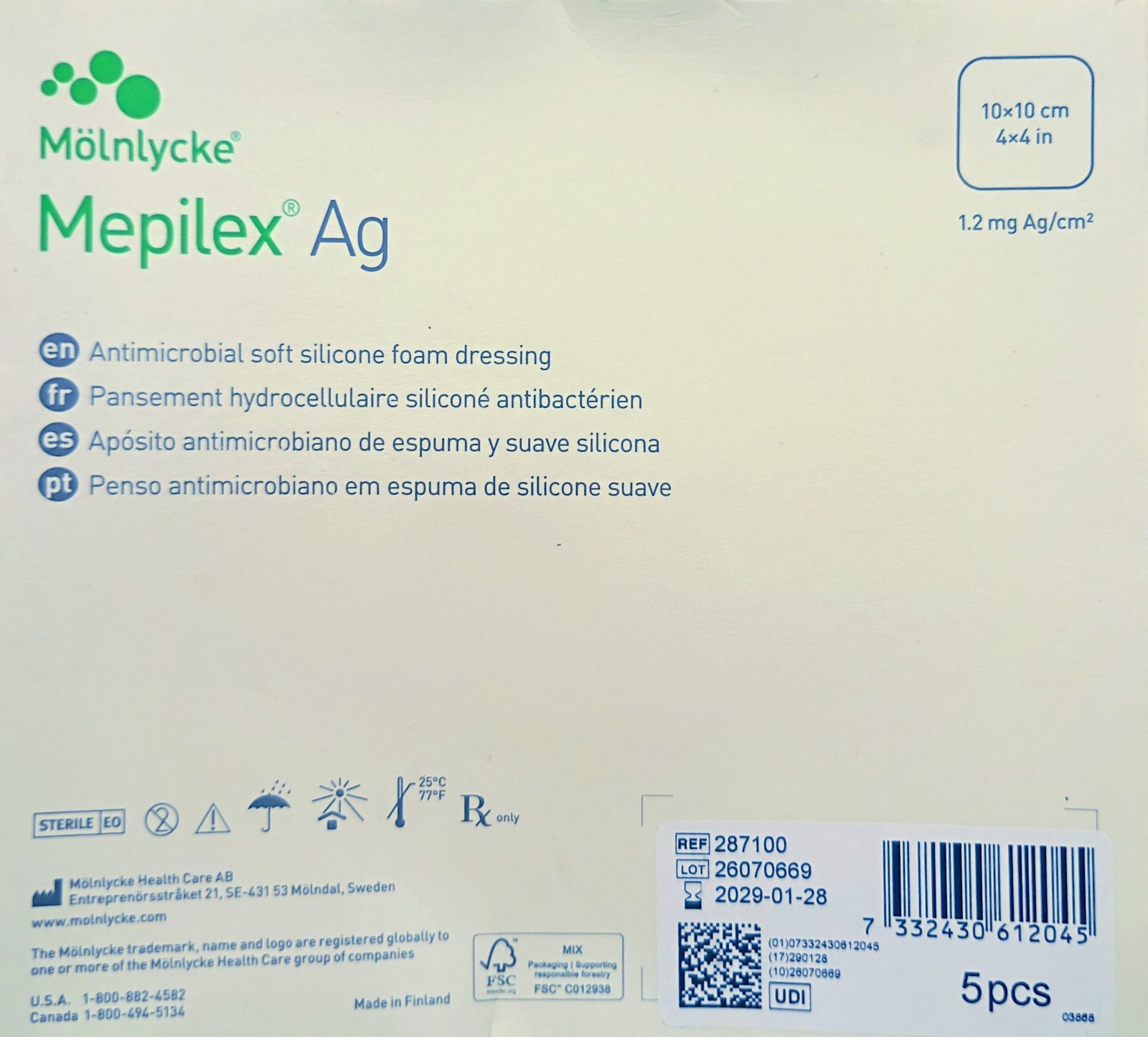 Mölnlycke Mepilex Ag Antimicrobial Soft Silicone Foam Dressing 10x10cm 5pc