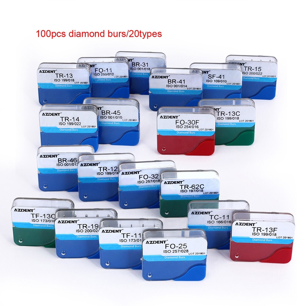 100Pcs AZDENT Dental Diamond Burs High Speed Handpiece Friction Grip 20 Types