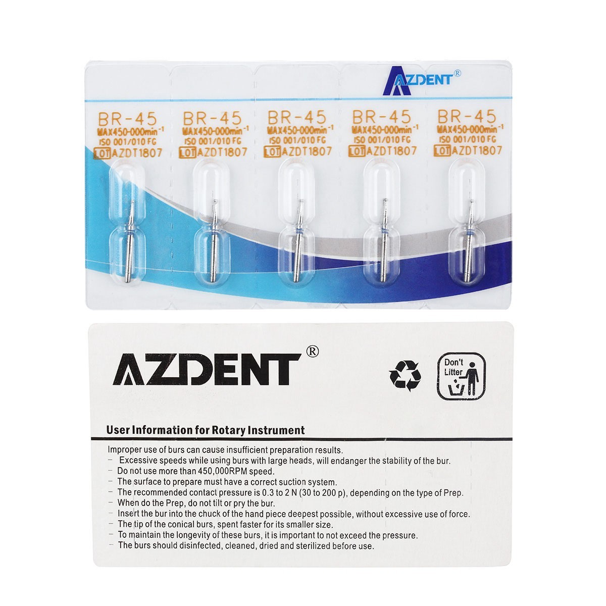 5pcs/pack AZDENT Dental FG Diamond Burs for High Speed Handpiece Friction Grip