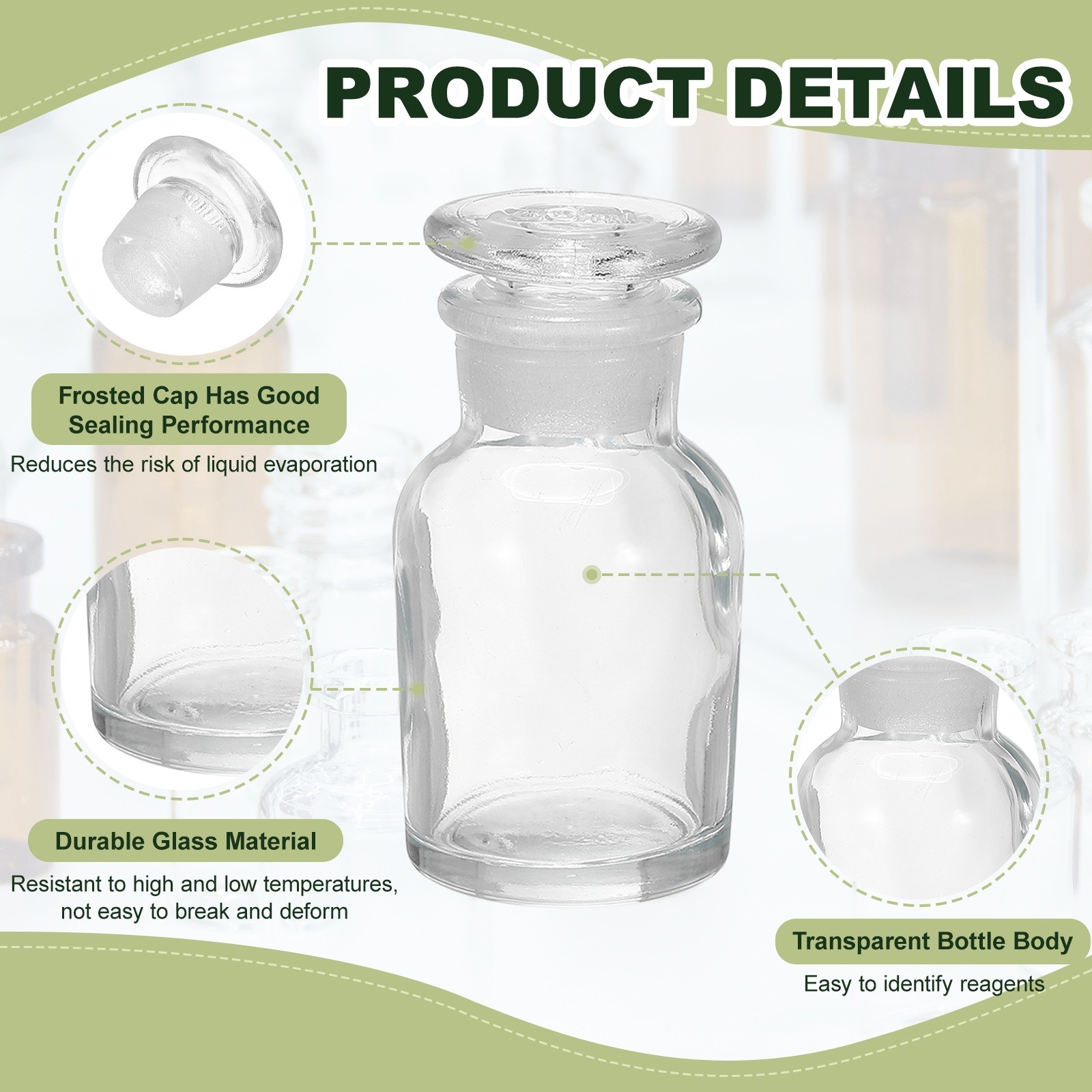 2Pack 60ml Wide Mouth Reagent Media Bottle with Stopper, Clear(2.1oz)
