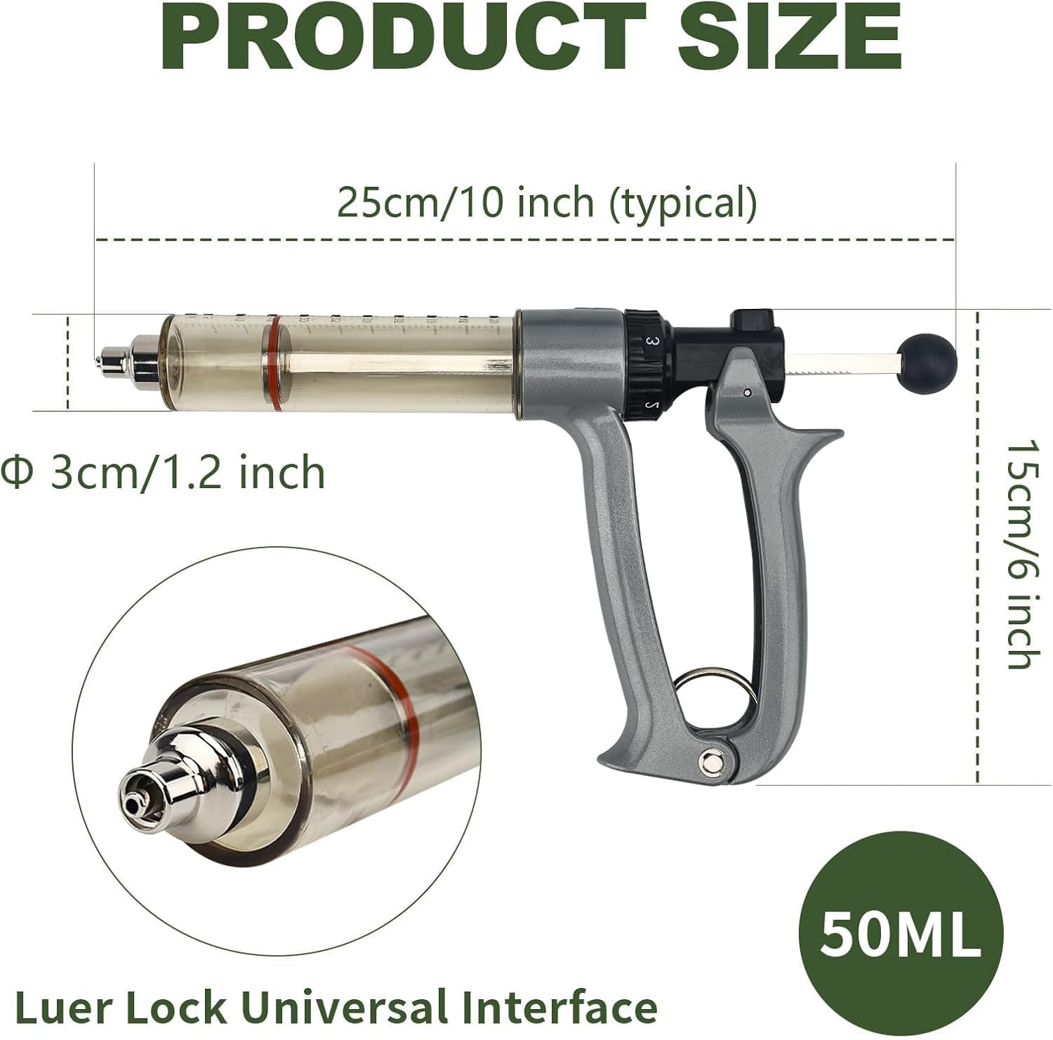 50Ml Semi-Automatic Livestock Syringe Kit: Includes Spare Syringe, Luer Lock Adj