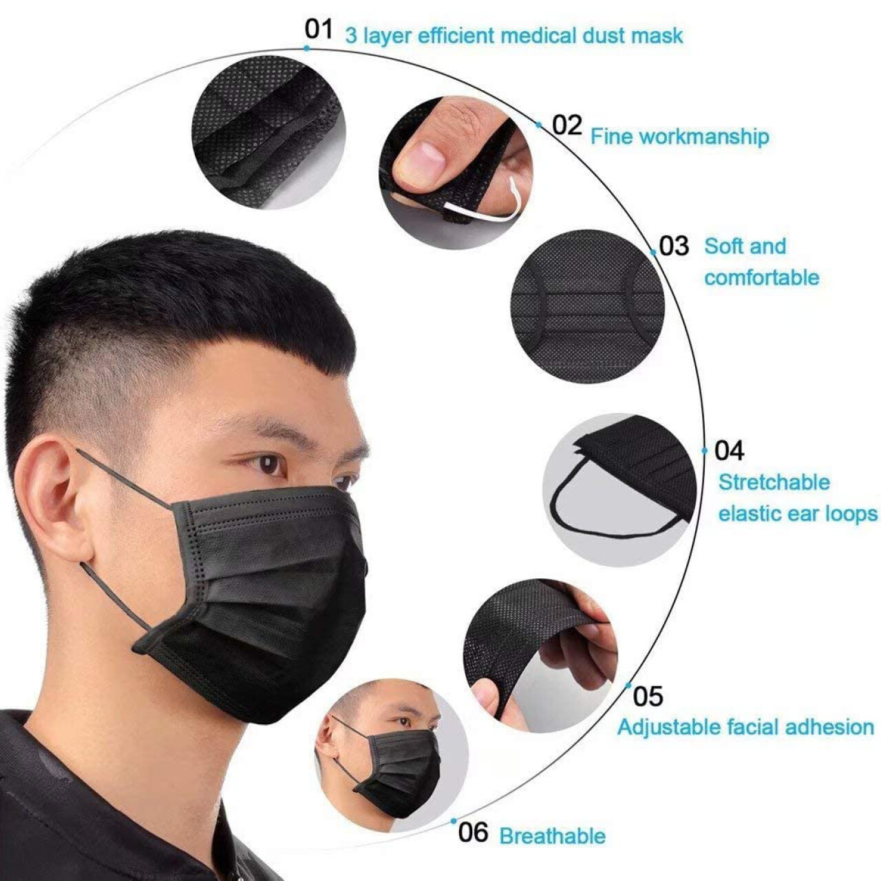10-50 PCS Disposable Black 3-Ply Layer Dust Filter Unisex Mouth Cover Face Mask