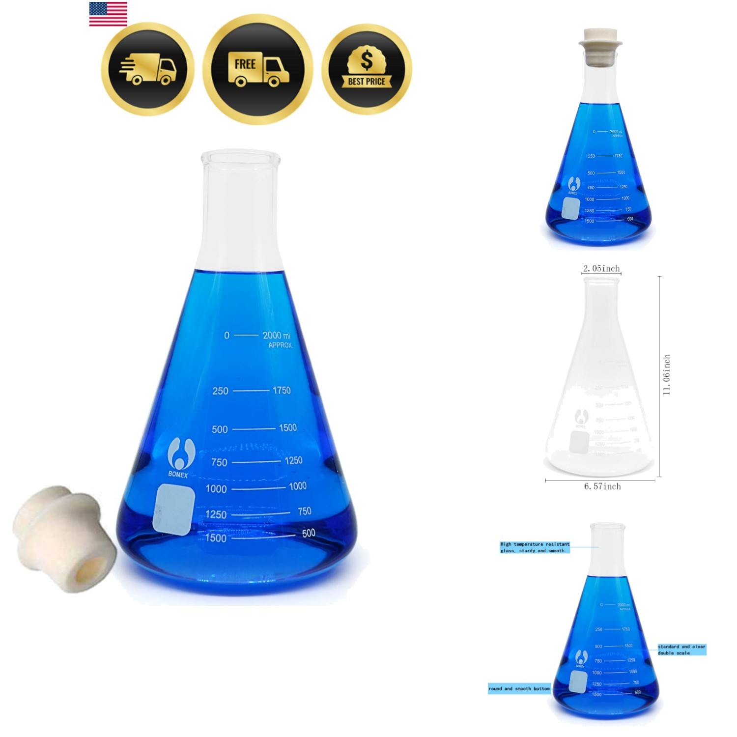 Glass Erlenmeyer Set Narrow Mouth 2000ml Graduated s