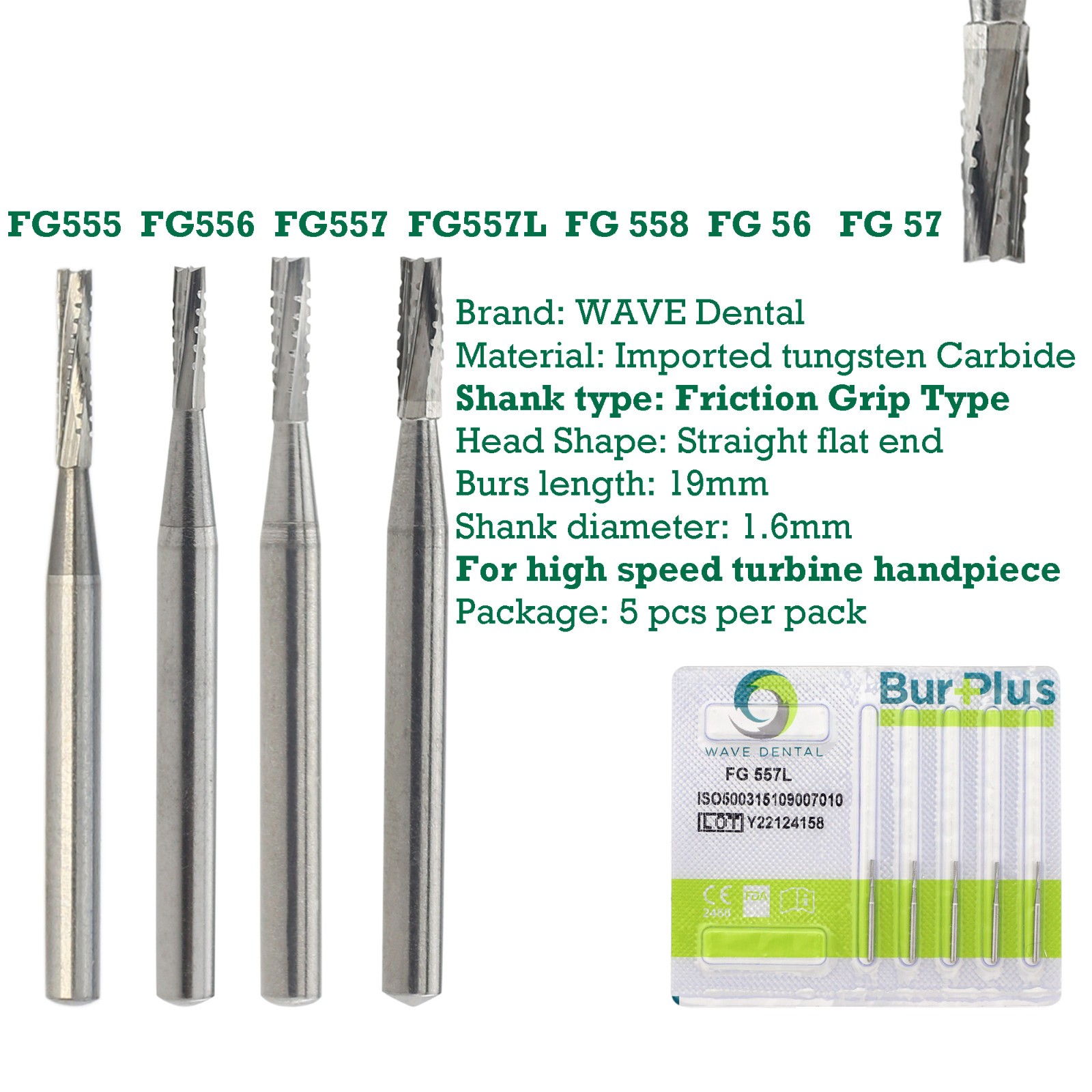 WAVE Dental Carbide Burs Straight Flat End Bur FG 56 57 555 557L Friction Grip