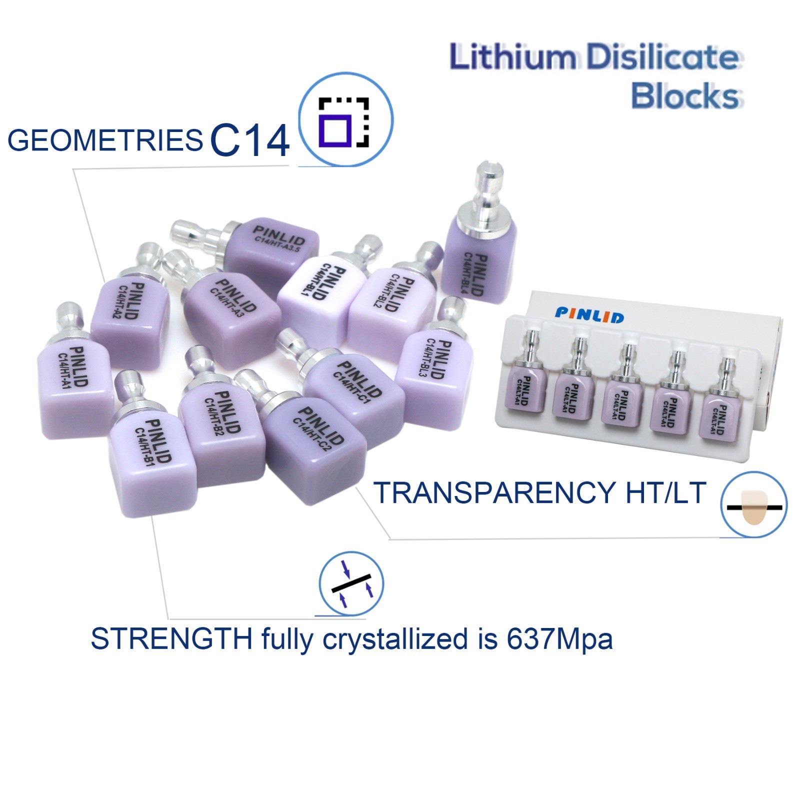 C14 Glass Ceramic Blocks HT/LT Lithium Disilicate CAD/CAM Cerec Blocks 5Pcs/Box