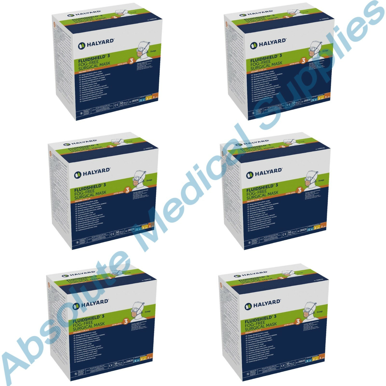 *300-Pieces* Halyard FluidShield ASTM Level 3 Fog-Free Surgical Face Mask 28820