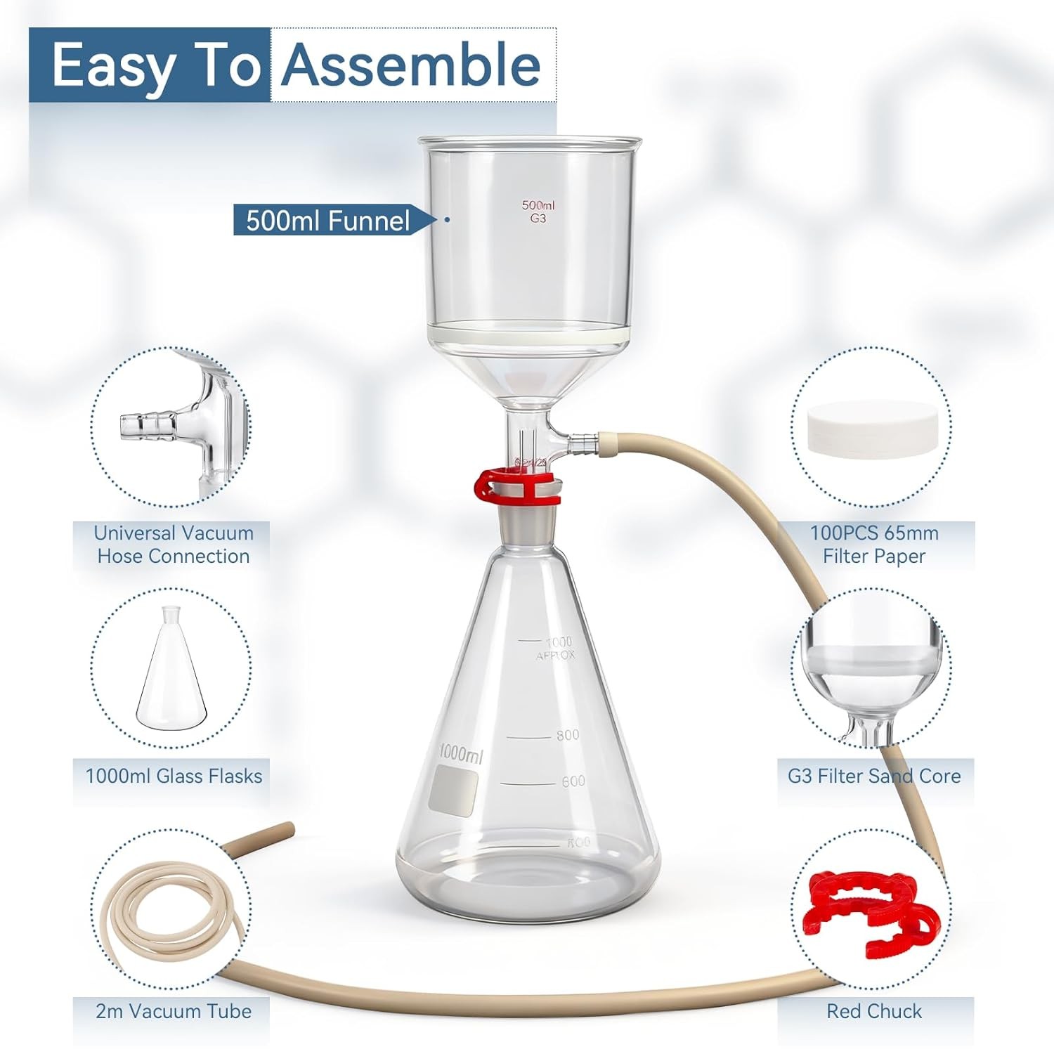 Flask Funnel Lab Vacuum Filtration buchner Funnel Kit 1L Filter w/ Bottle Funnel