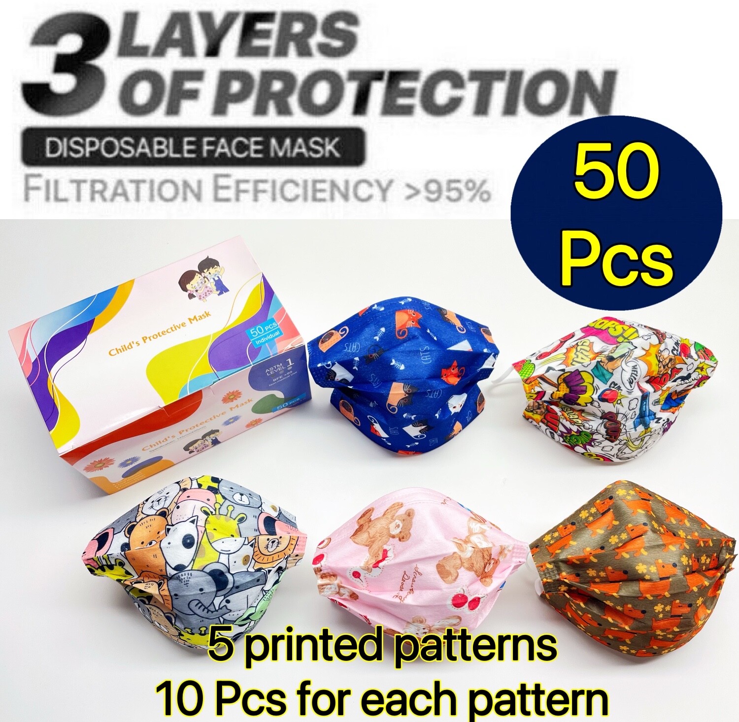 50 Pcs Cartoon Kids Face Mask Toddler Child Masks Disposal 3 lyers USA Seller