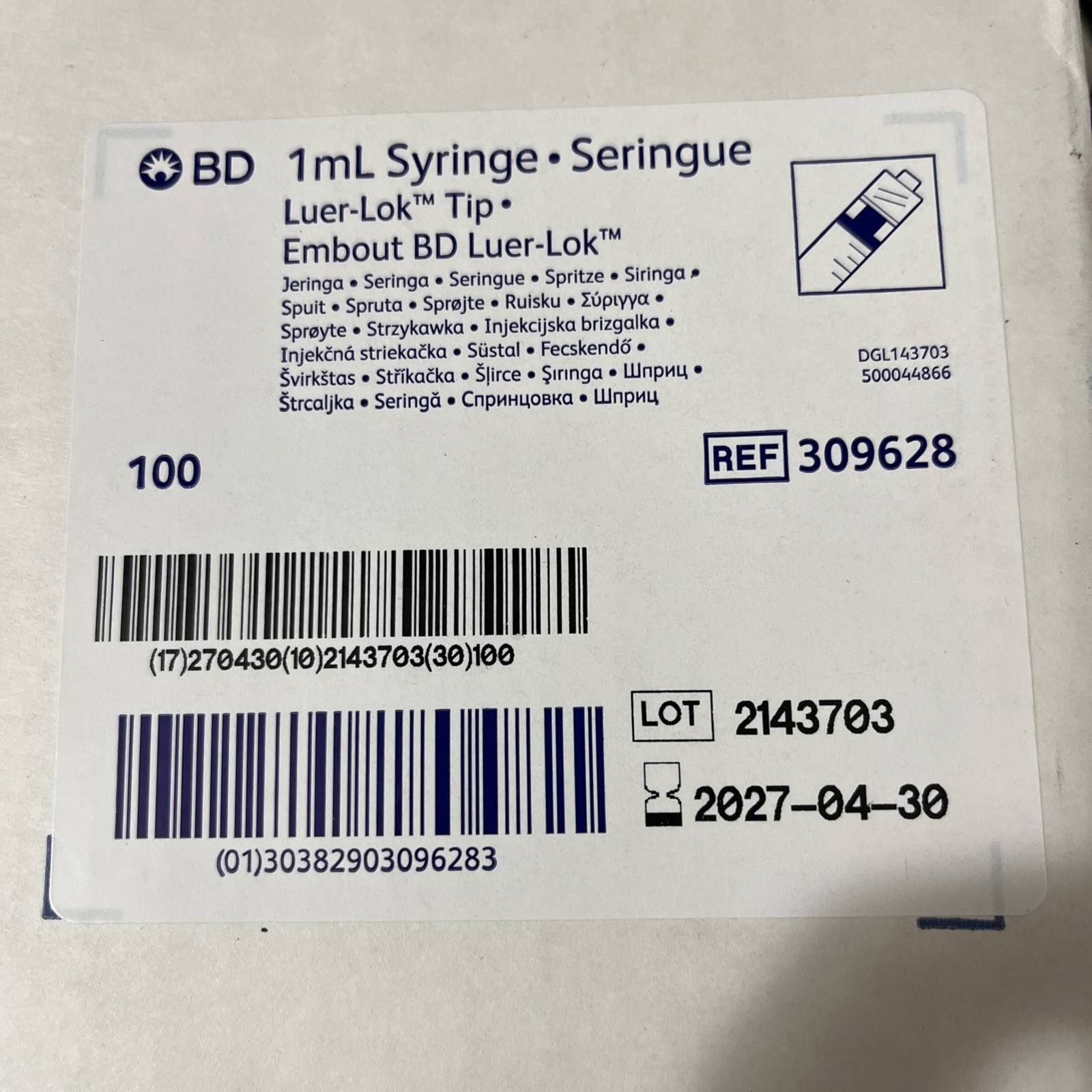 BD Syringe 1 mL Luer-Lok tip STERILE Box of 100 #309628 Brand New EXP.08-2030