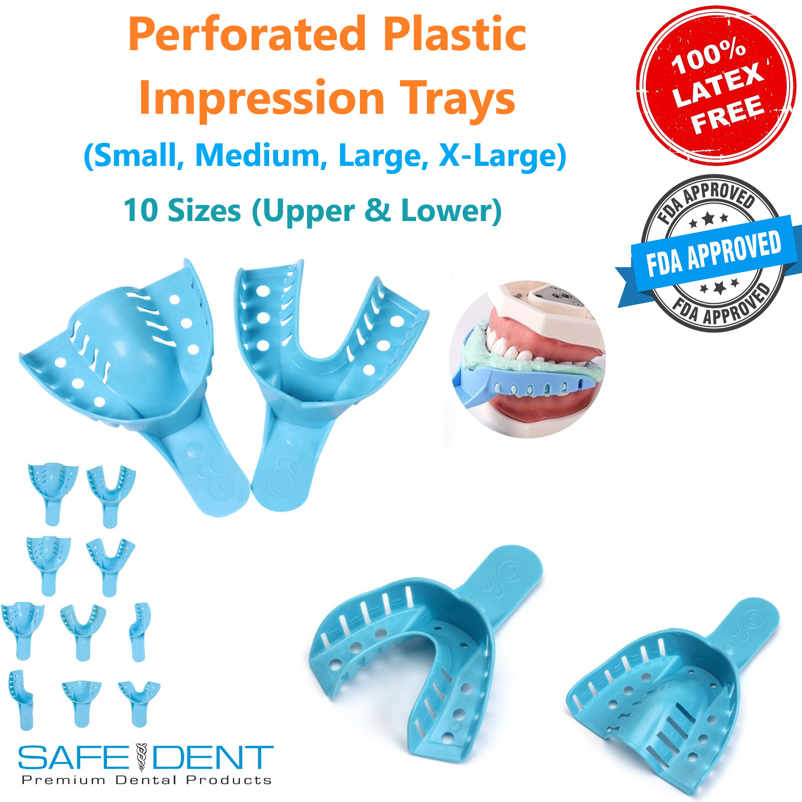 Dental Perforated Plastic Impression Trays XL, L, M, S, Upper /Lower, 12/Bag