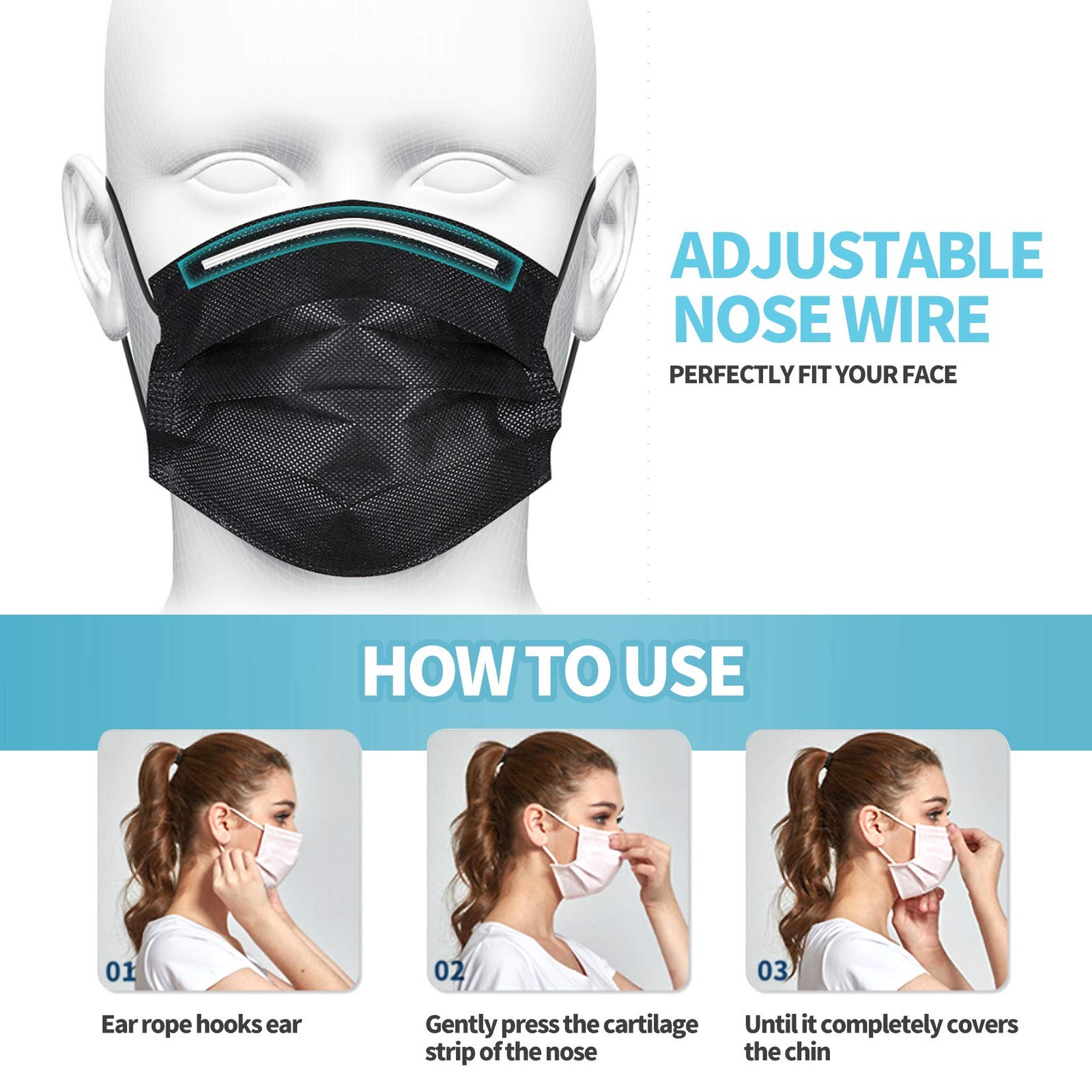 Black Disposable Face Masks 4 Layers Protection 50Pcs, Breathable Dust Mask M…