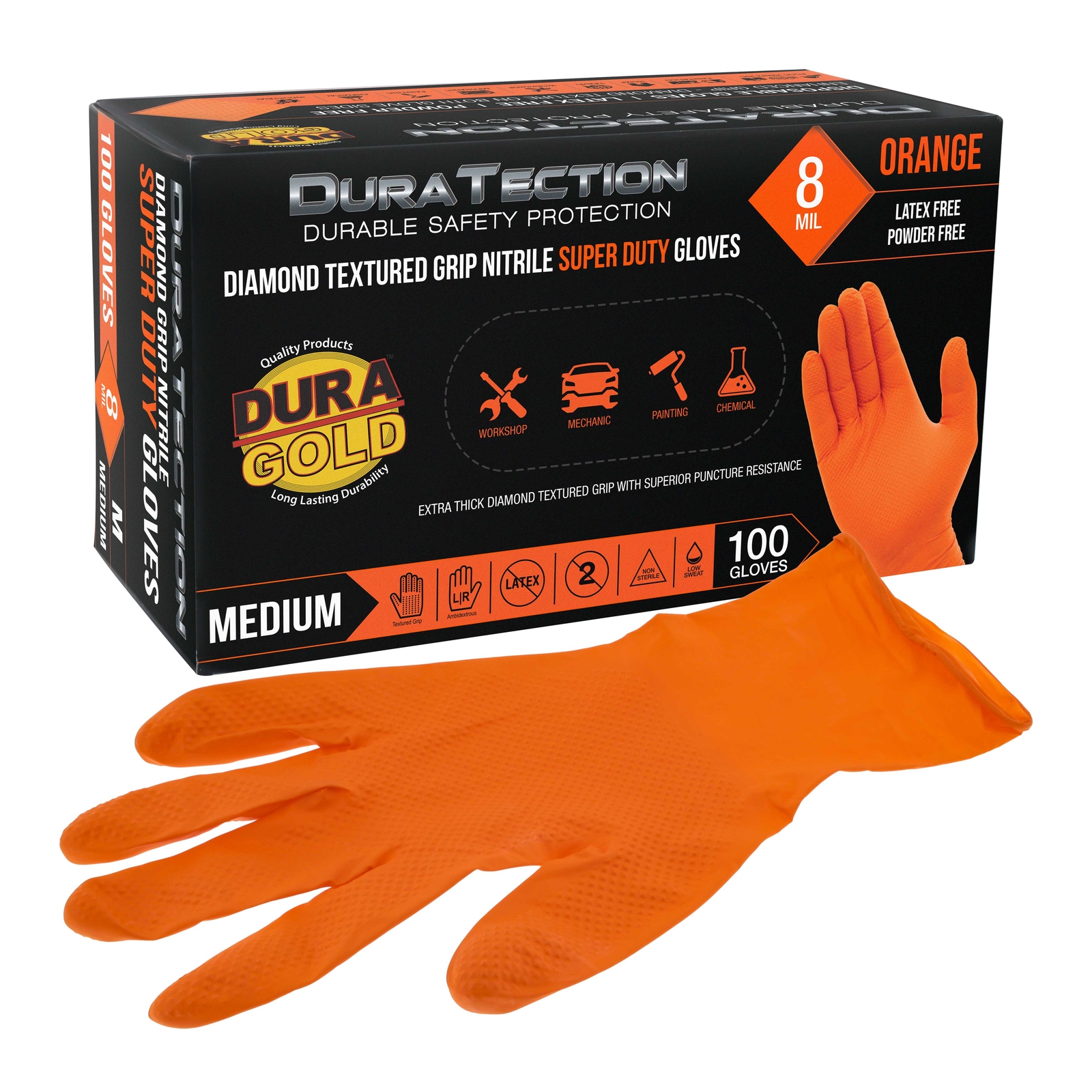 Duratection 8Mil Super Duty Diamond Textured Nitrile Gloves, Box of 100, Medium
