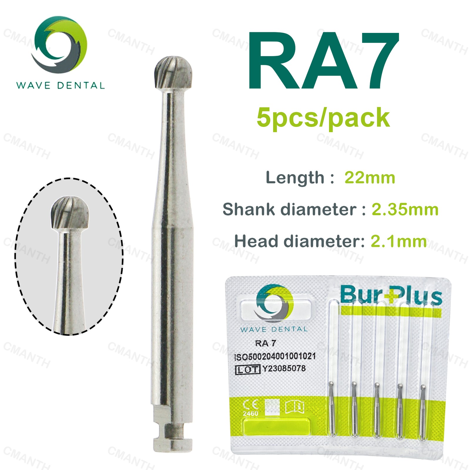 WAVE Dental Tungsten Carbide Burs Round Head RA Low Speed Burs Dia 2.35mm 5Pcs