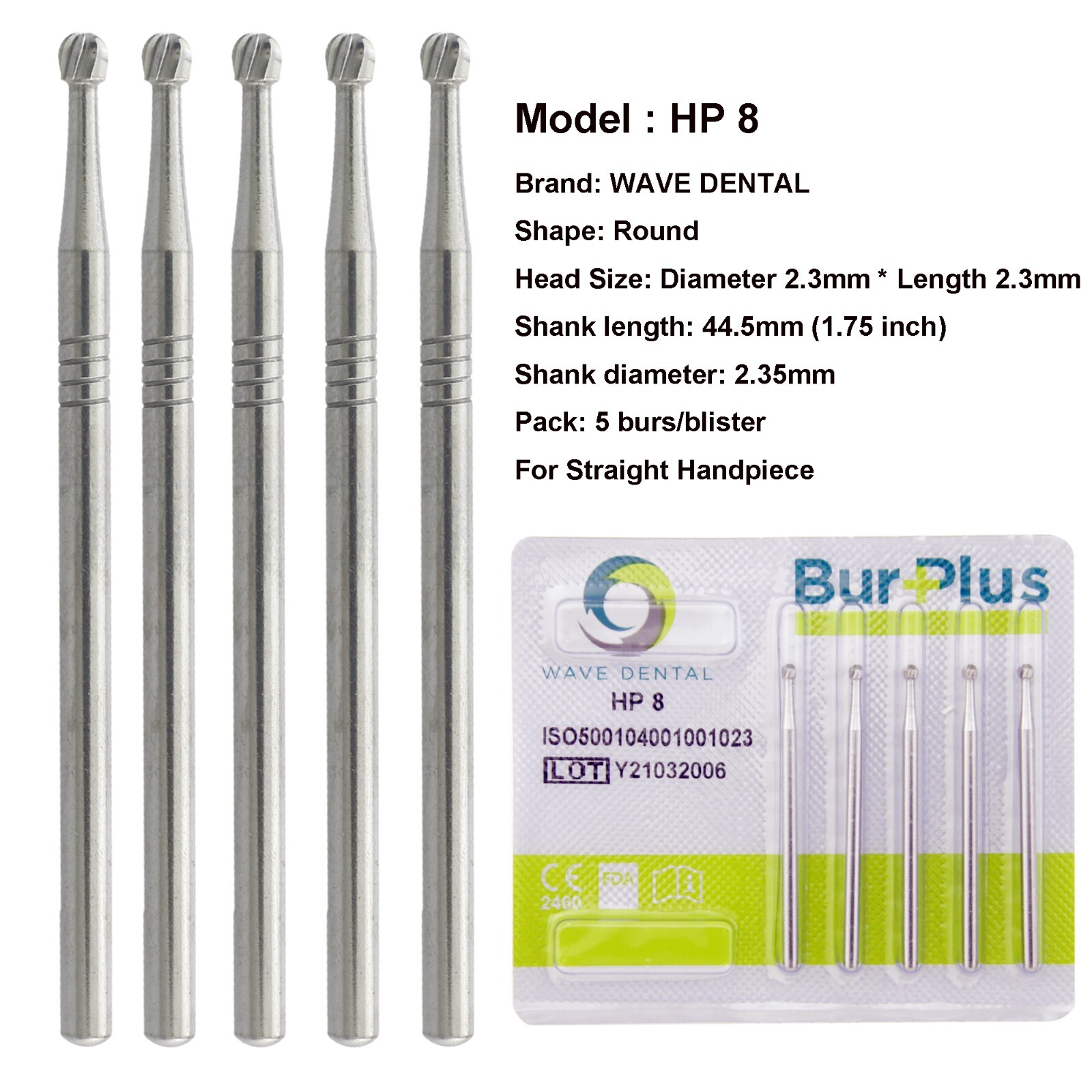 Wave Dental Round Tungsten Carbide Burs HP 44.5mm Shank for Straight Handpiece