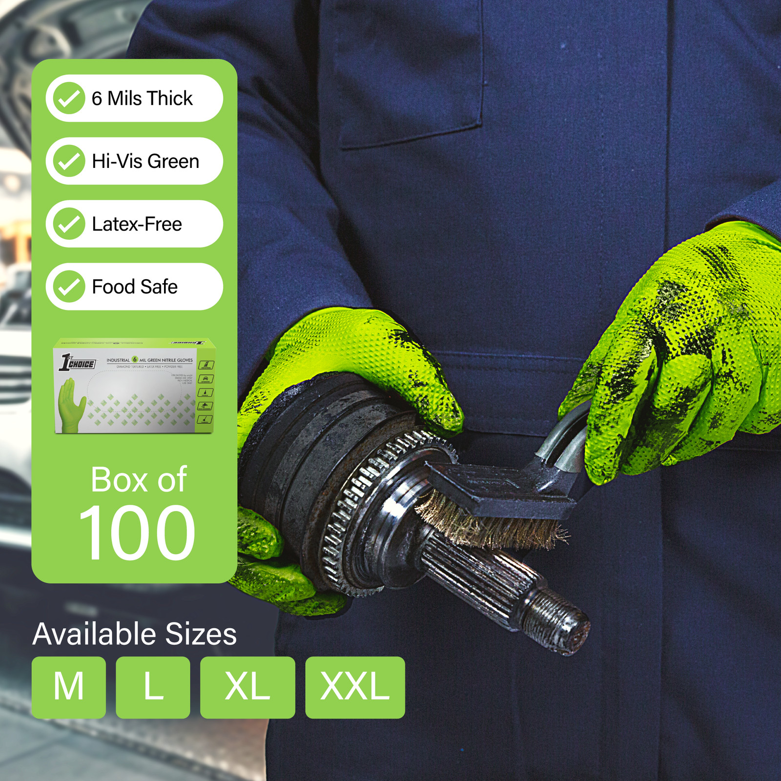 1st Choice Premium Green Nitrile Disposable Gloves 6 Mil Diamond Texture 100/Box