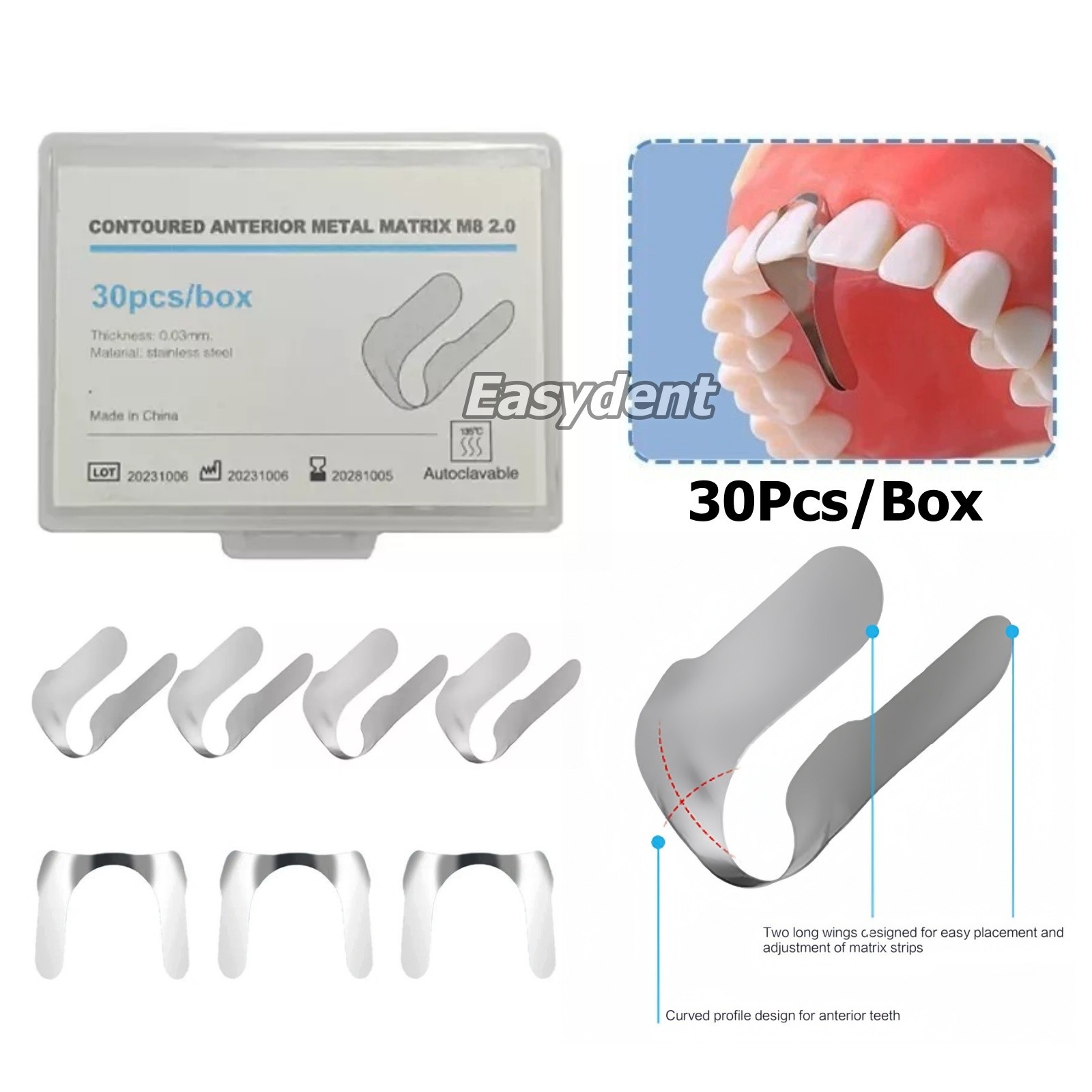 30Pcs Dental Anterior Matrix Bands Sectional Contoured Twin Matrices Metal Strip