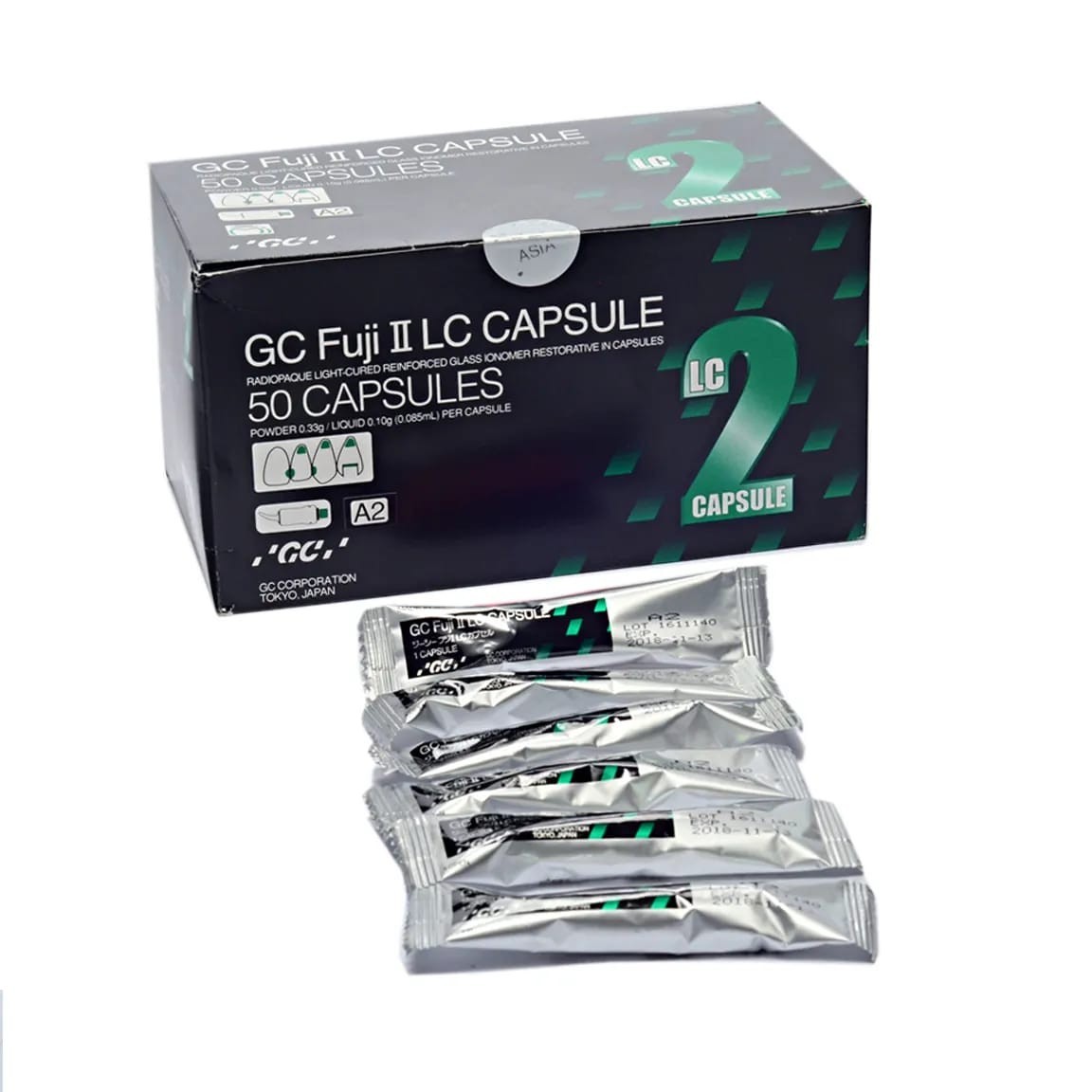 GC Fuji II LC Capsules A2 Shade Glass Ionomer Dental Restorative 50 Pack