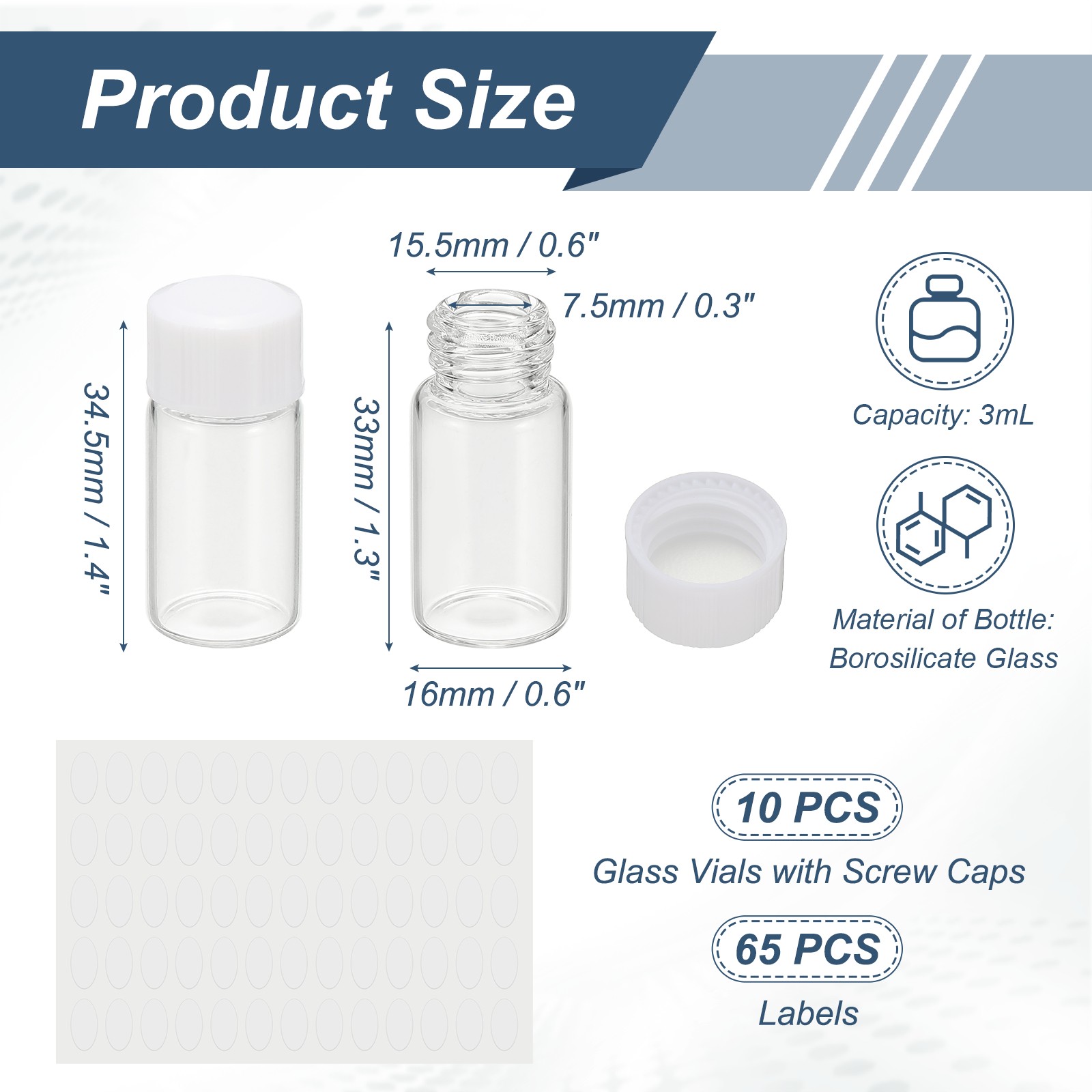 3ml Clear Glass Vials, 10Pcs Sample Vials Reagent Media Bottle