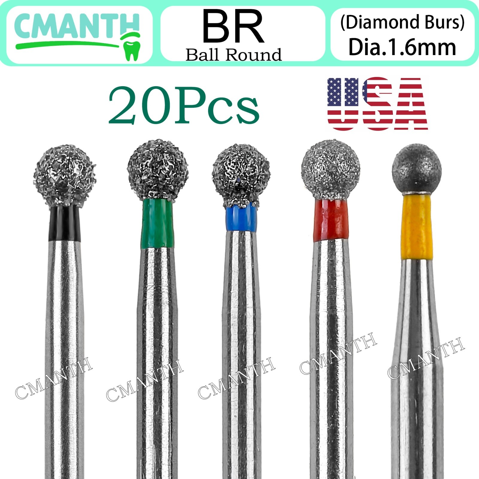 US Dental Burs FG High Speed Diamond Burs Dental Lab Polishing Tools 1.6mm 20pcs