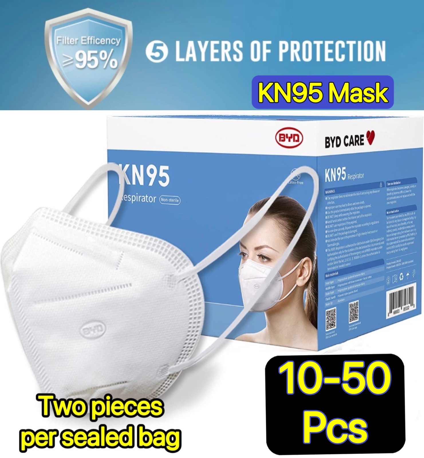 10/50 Pcs White KN95 Protective 5 Layer Face Mask BFE 95% BYD Disposable Masks