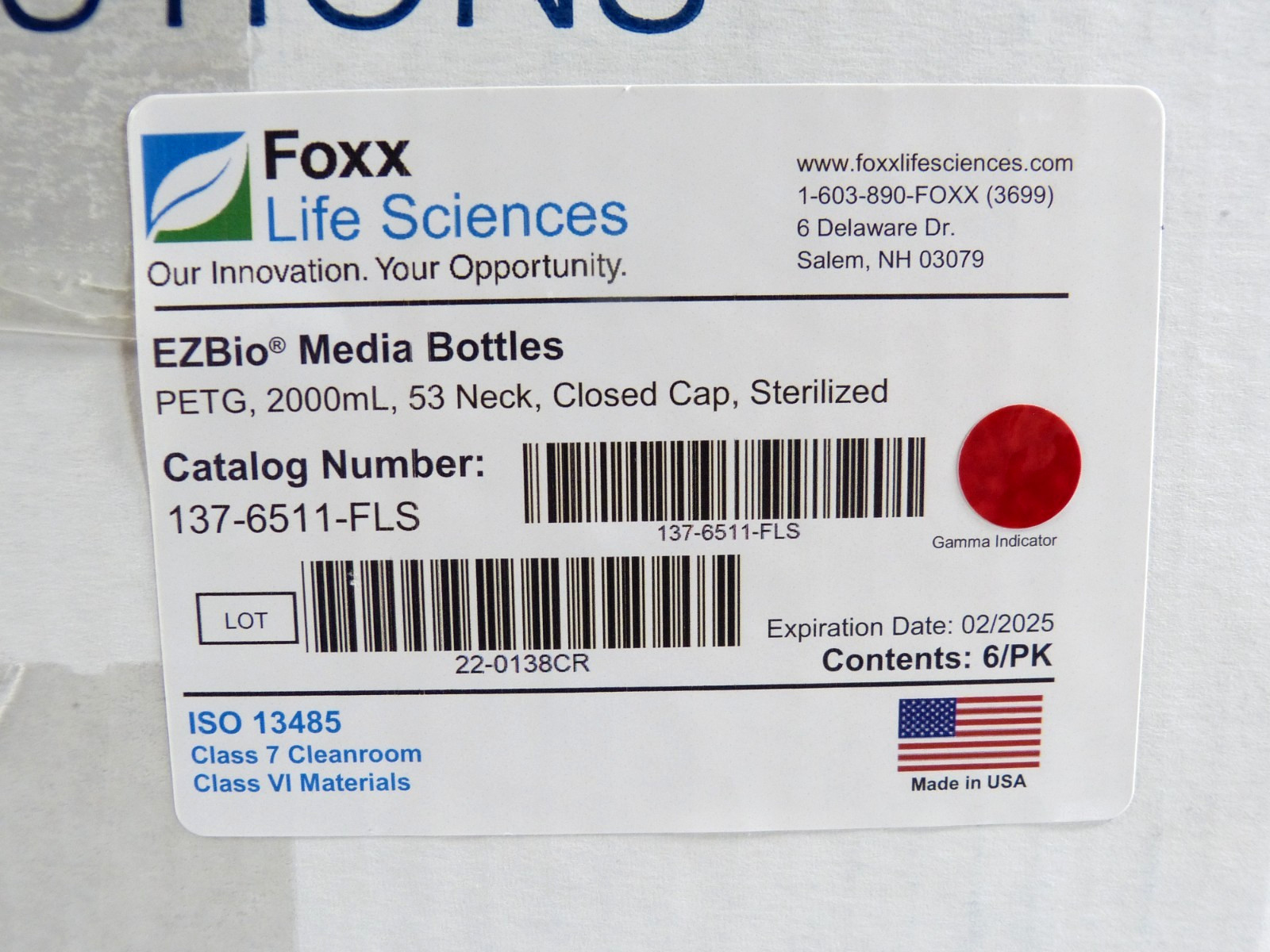 Foxx Life Sciences 137-6511-FLS, 2L (2000mL) sterile, square PETG media bottle