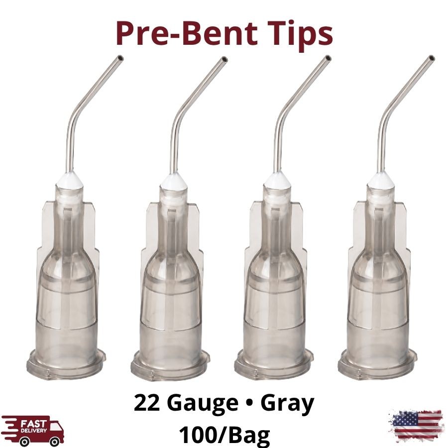 100/Pk Gray 22 Gauge Pre-Bent Luer Lock Dispensing Applicator Tips Flow Refill