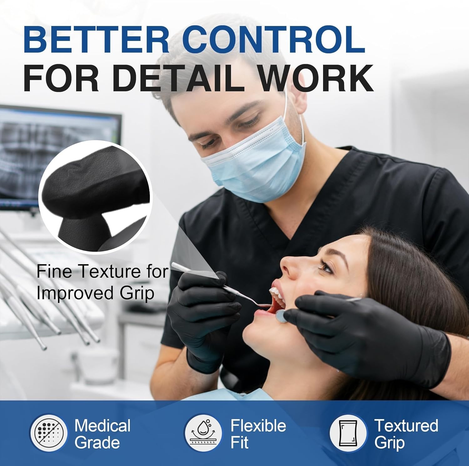 Black Nitrile Exam Gloves 4 Mil XL Disposable Powder-Free Food Safe